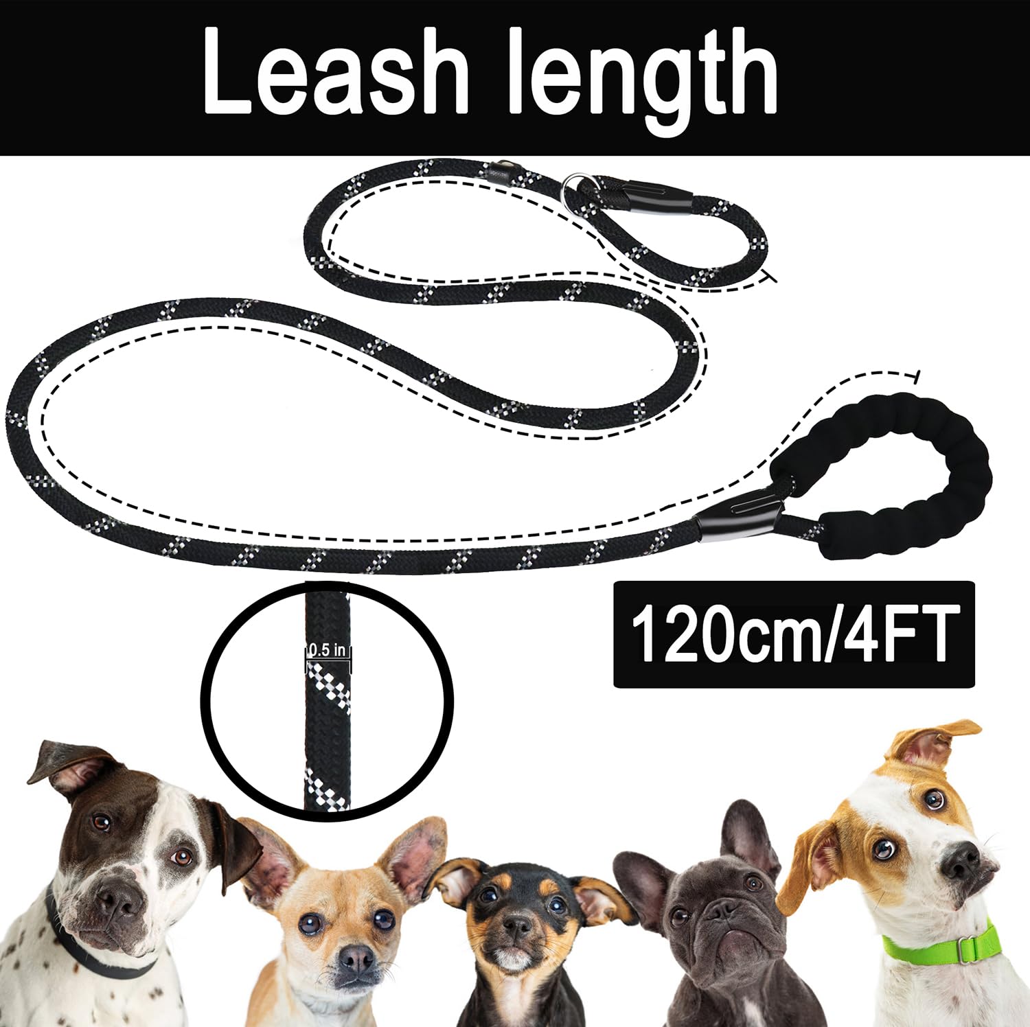 Dog Leash 4 Ft, Durable Premium Quality Strong Training Rope Slip Leash With Comfortable Padded Handle And Highly Reflective Thr