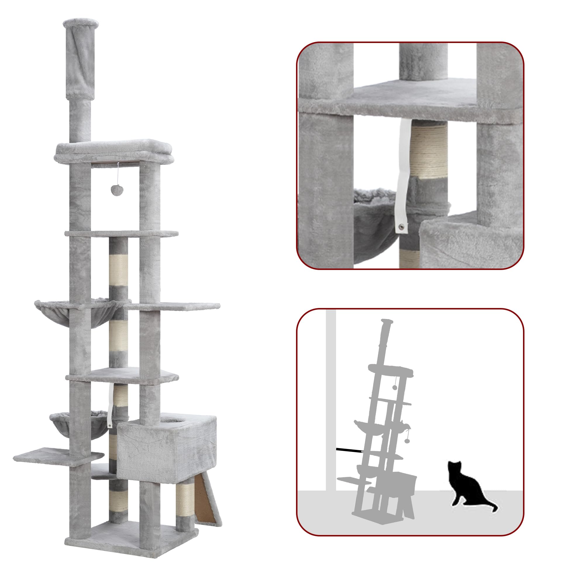 Hebly Cat Tree 92.5-104.3 Inches With Hammock, Floor To Ceiling Cat Condo,Tall Cat Climbing Tower Adjustable With Scratching Pos