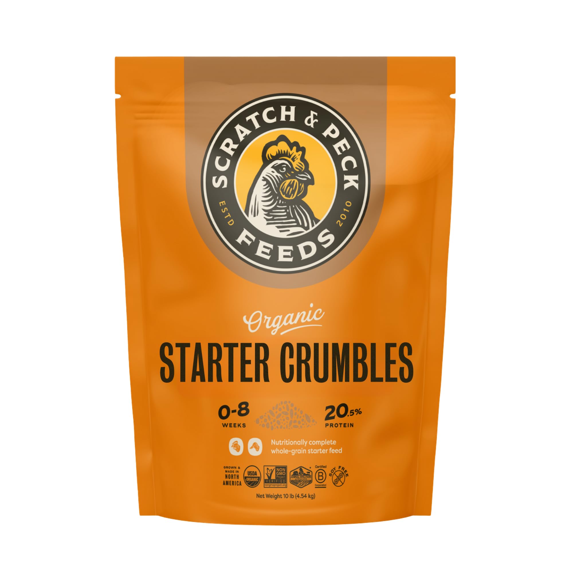 Scratch and Peck Feeds Whole Grain Starter Crumbles Chicken and Duck Feed - 10 lbs Bag - Corn-Free and Soy-Free - 20.5% Protein,