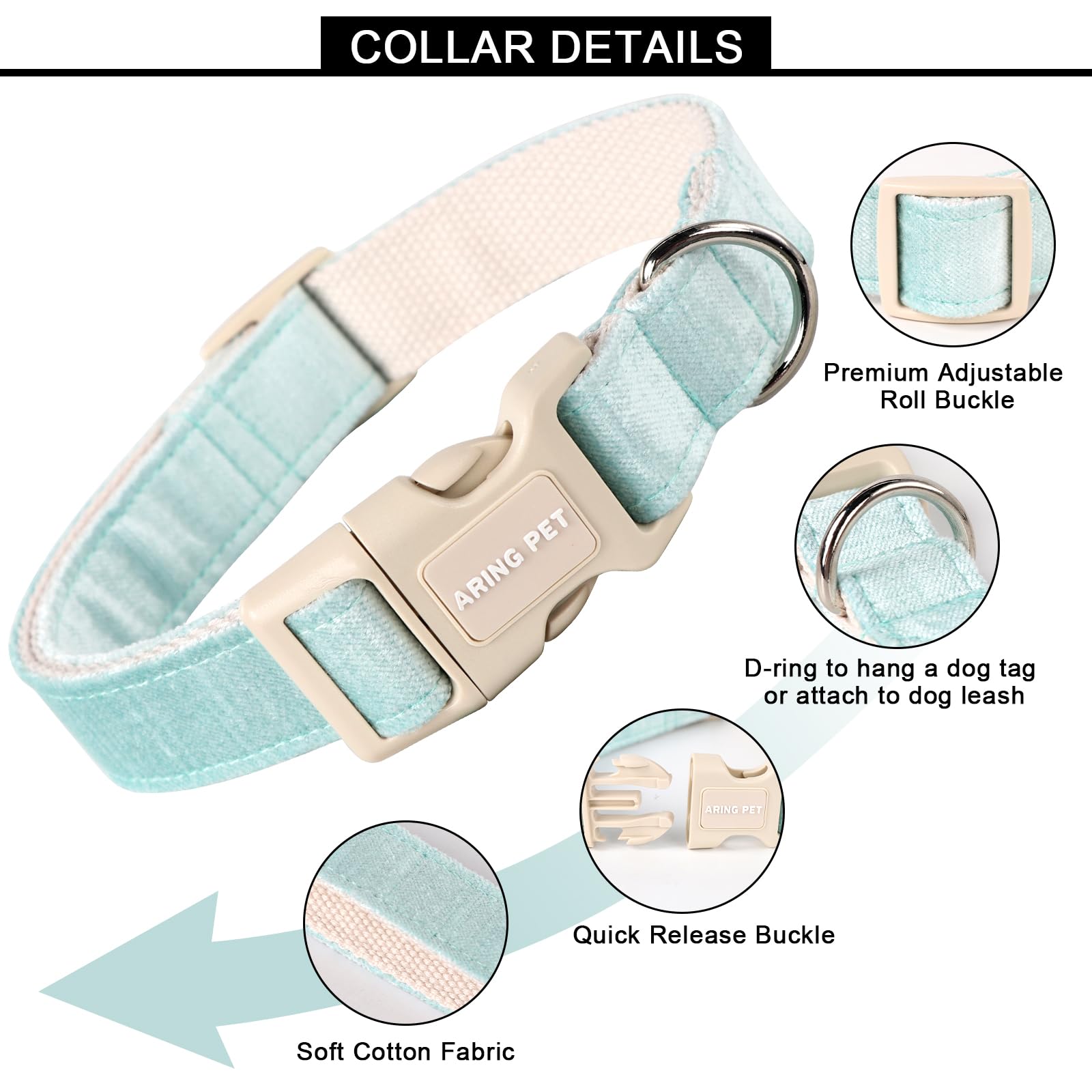 Aring Pet Dog Collar-Cotton Puppy Collar For Small Dogs, Lightweight Comfortable Green Pet Collars With Quick Release Buckle For