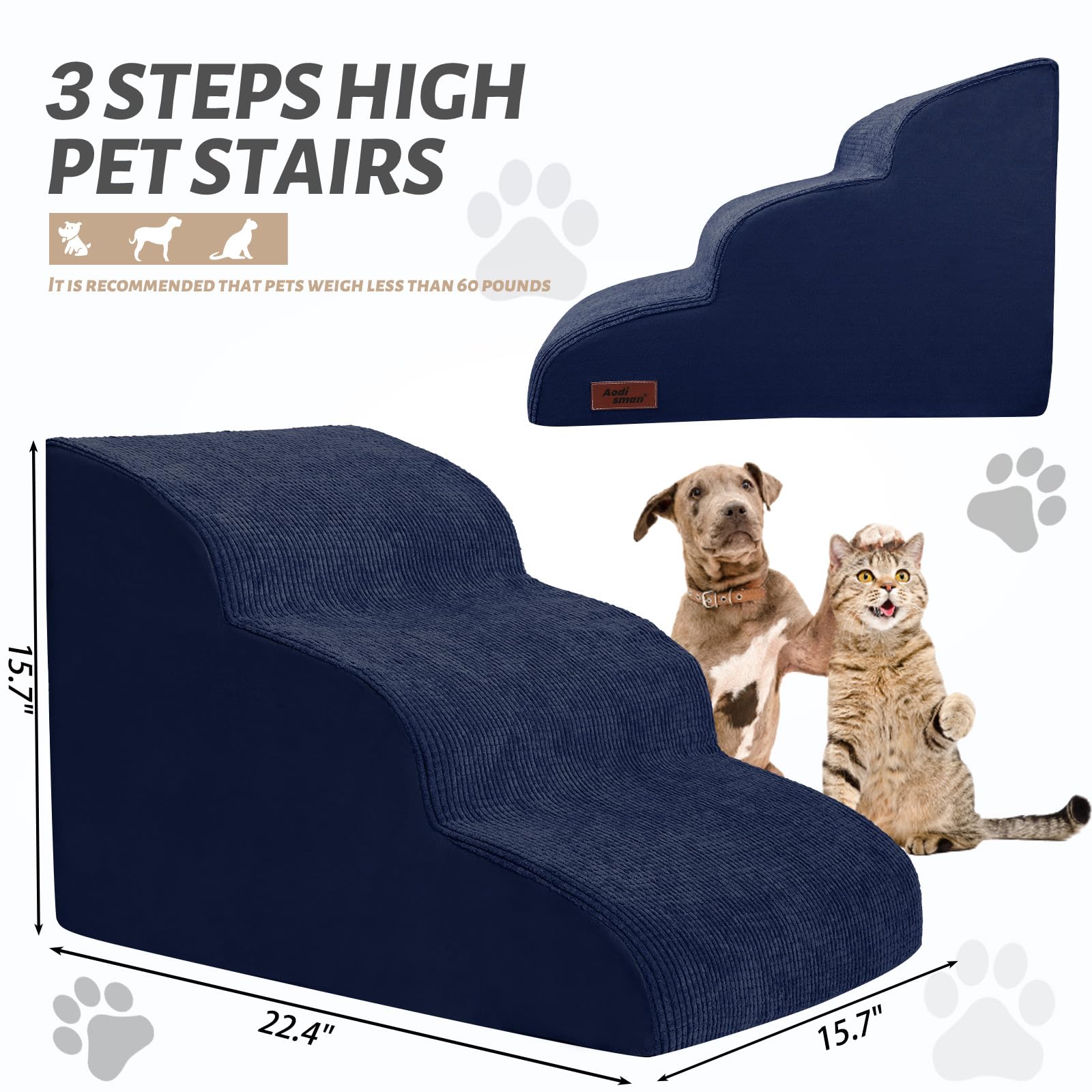 Dog Stairs And Steps For Beds Or Couches, 3-Step Pet Stairs & Steps For Small Dogs And Cats, Soft And Non-Slip Dog Ramp For Olde