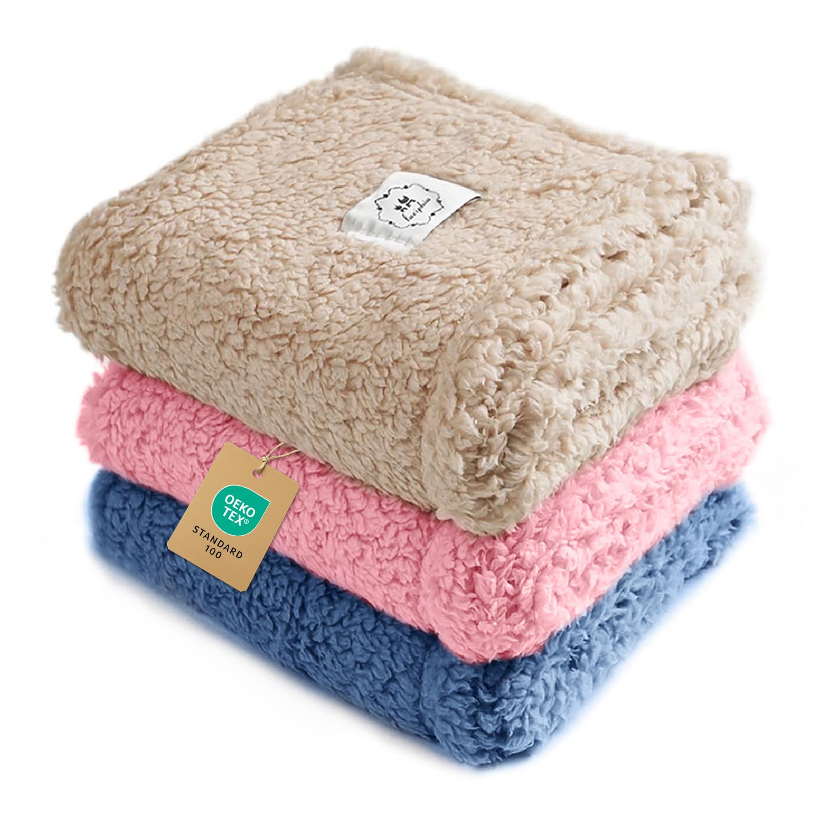 Luciphia 1 Pack 3 Calming Dog Blanket Fluffy Premium Fleece Pet Blankets Soft Sherpa Throw for Dogs Puppy Cat Beige/Pink/HazeBlu