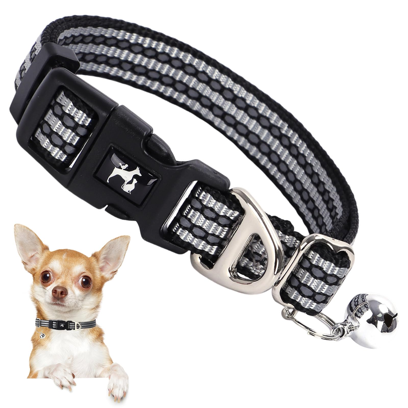 Onefojojo Reflective Dog Collar With Bell, Hypoallergenic Adjustable Puppy Collar For Small Dogs & Cats, Soft Nylon Night Walkin