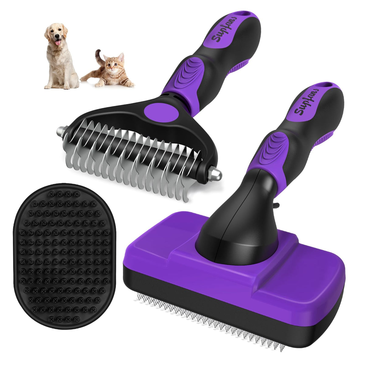 Augwind 3Pcs Dog Brush I Dog Brush For Shedding I Deshedding Dog Brush I Dog Bath Brush I Slicker Brush For Dogs I Dog Comb I Premium Pet Supplies (Purple Black)
