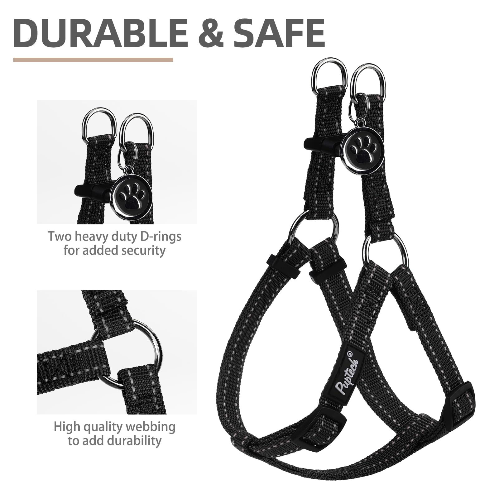 Pupteck No Pull Dog Harness Soft Adjustable Basic Nylon Step In Puppy Vest Outdoor Walking With Id Tag, Reflecive Black, S