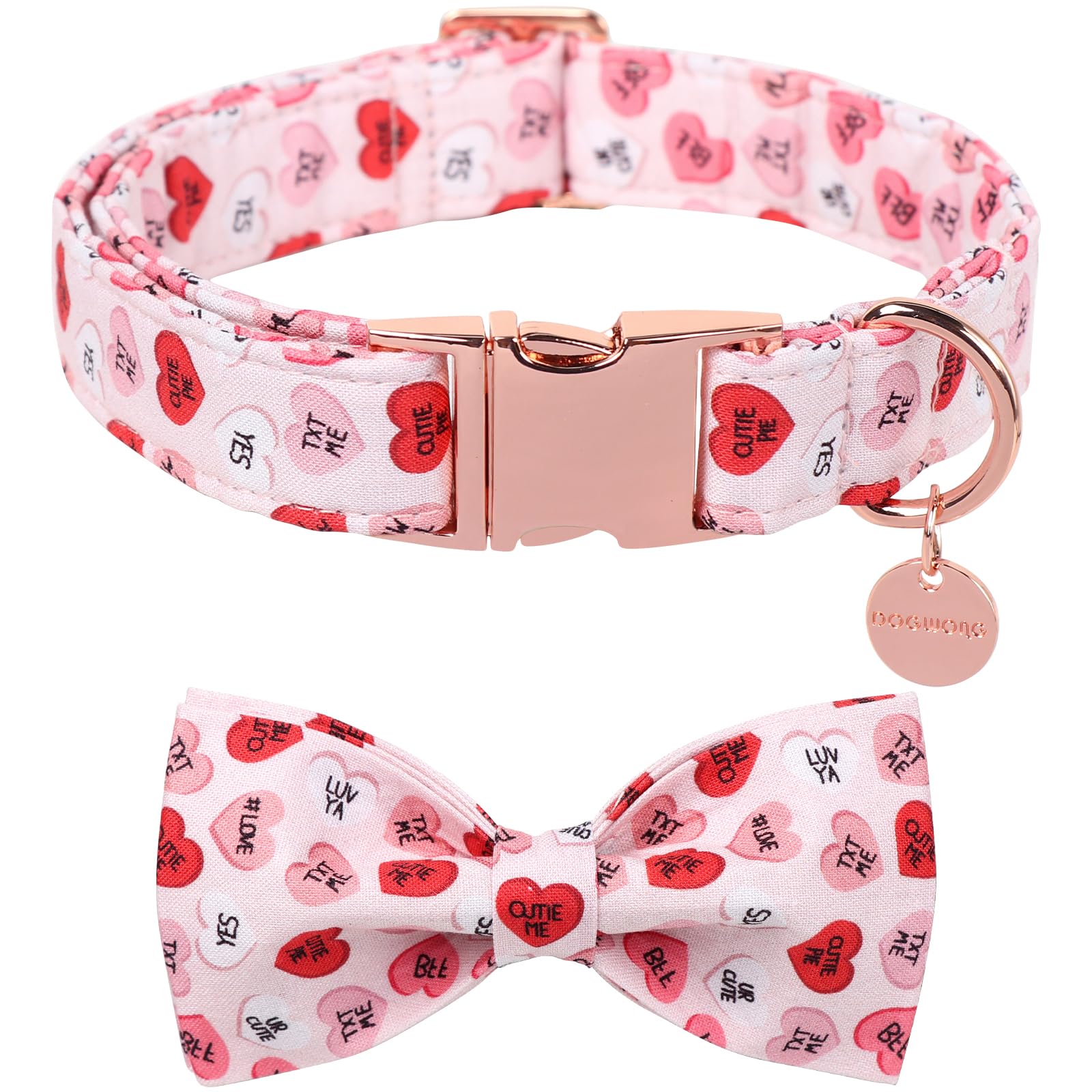 Dogwong Valentine'S Dog Collar With Bow Tie, Adjustable Durable Pink Heart Dog Collar Cute Dog Collar For Small Medium Dogs
