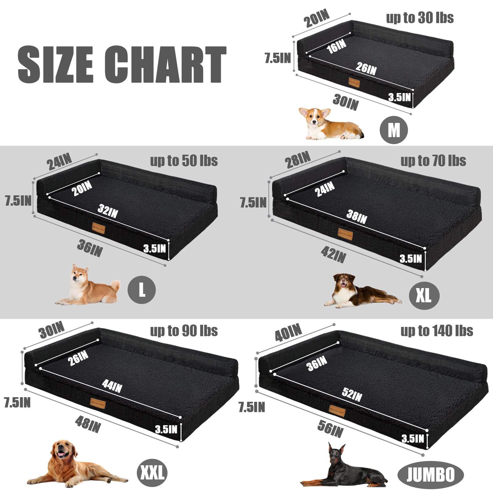 Patas Lague Orthopedic Dog Bed For Large Dogs, Waterproof L Shaped Large Pet Sofa Beds With Removable Washable Cover, Soft Comfo