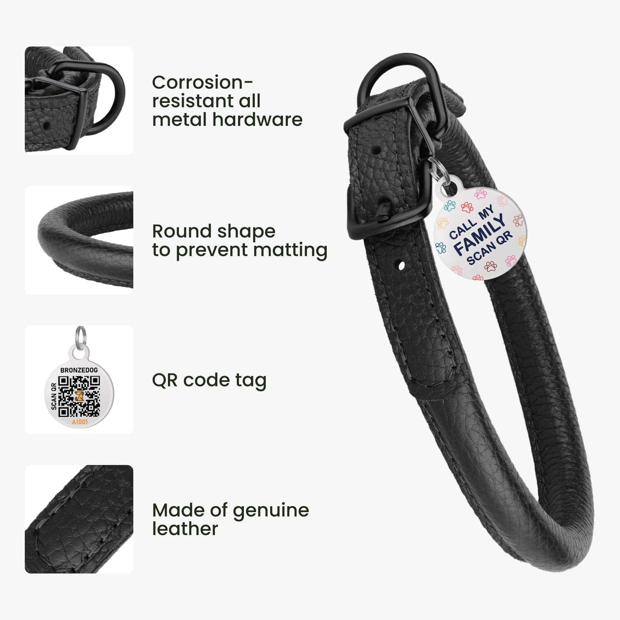 Rolled Leather Dog Collar Soft Round Collars, Id Tag For Small Medium Large Dogs (16-20 Inch, Black Midnight)