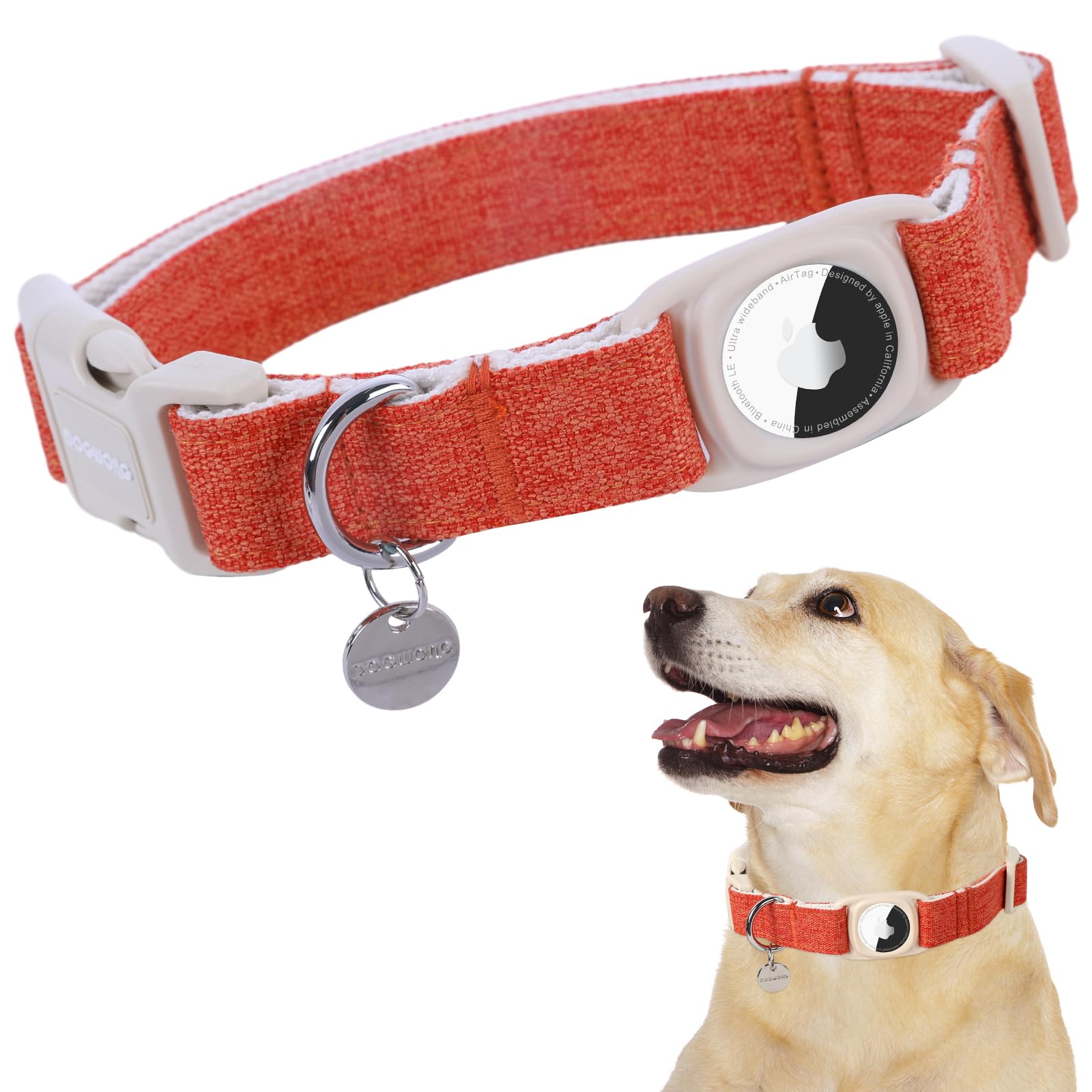 Dogwong Airtag Cotton Hemp Dog Collar, Heavy-Duty Dog Collar With Airtag Holder Fall Orange Natural Fabric Pet Dog Collar Cute P