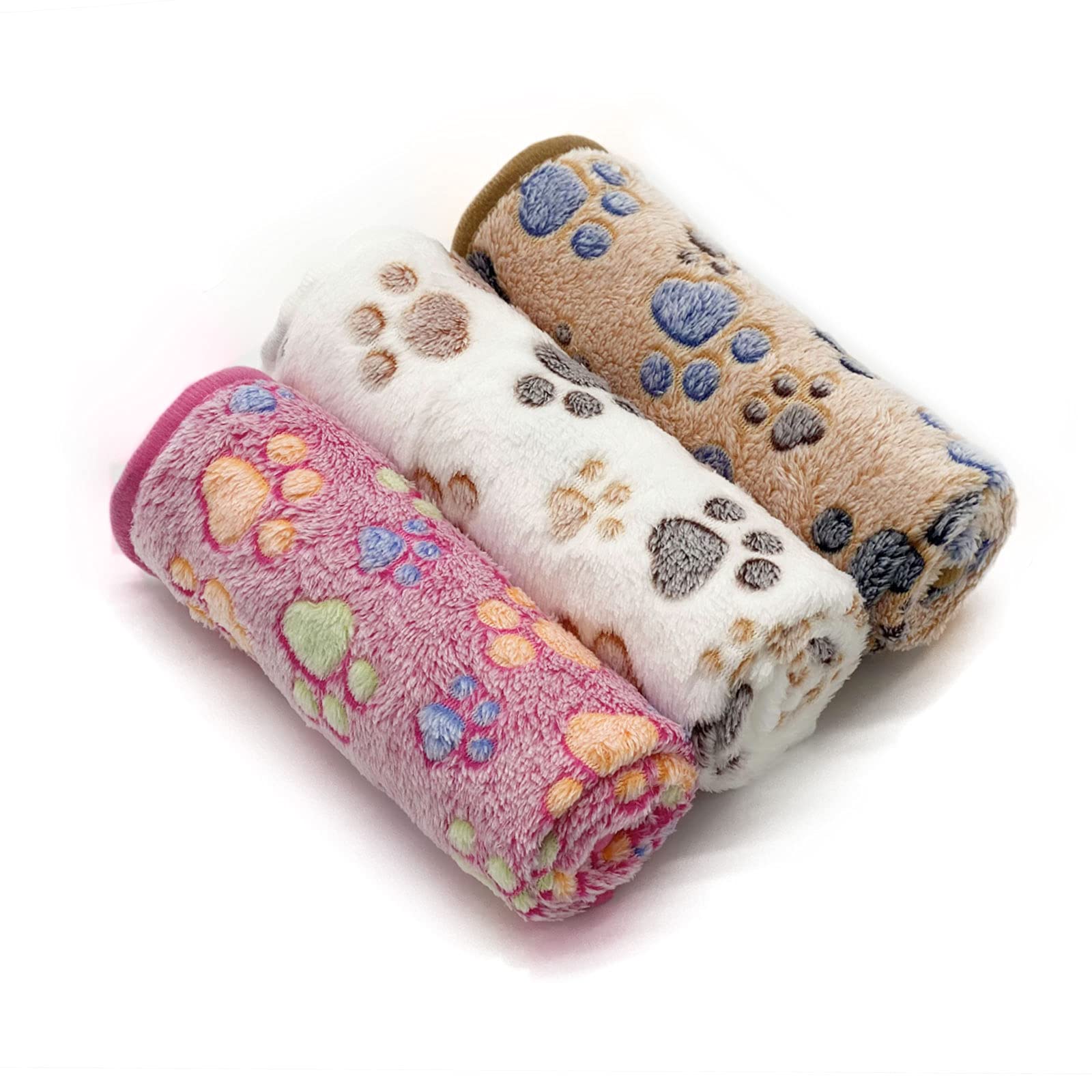 Sorkut 1 Pack 3 Puppy Dog Blankets Super Soft Warm Sleep Mat Fluffy Premium Fleece Pet Blanket Flannel Throw For Dog Puppy Cat - Paw Print Beige/Pink/Brown Small(23'X15')
