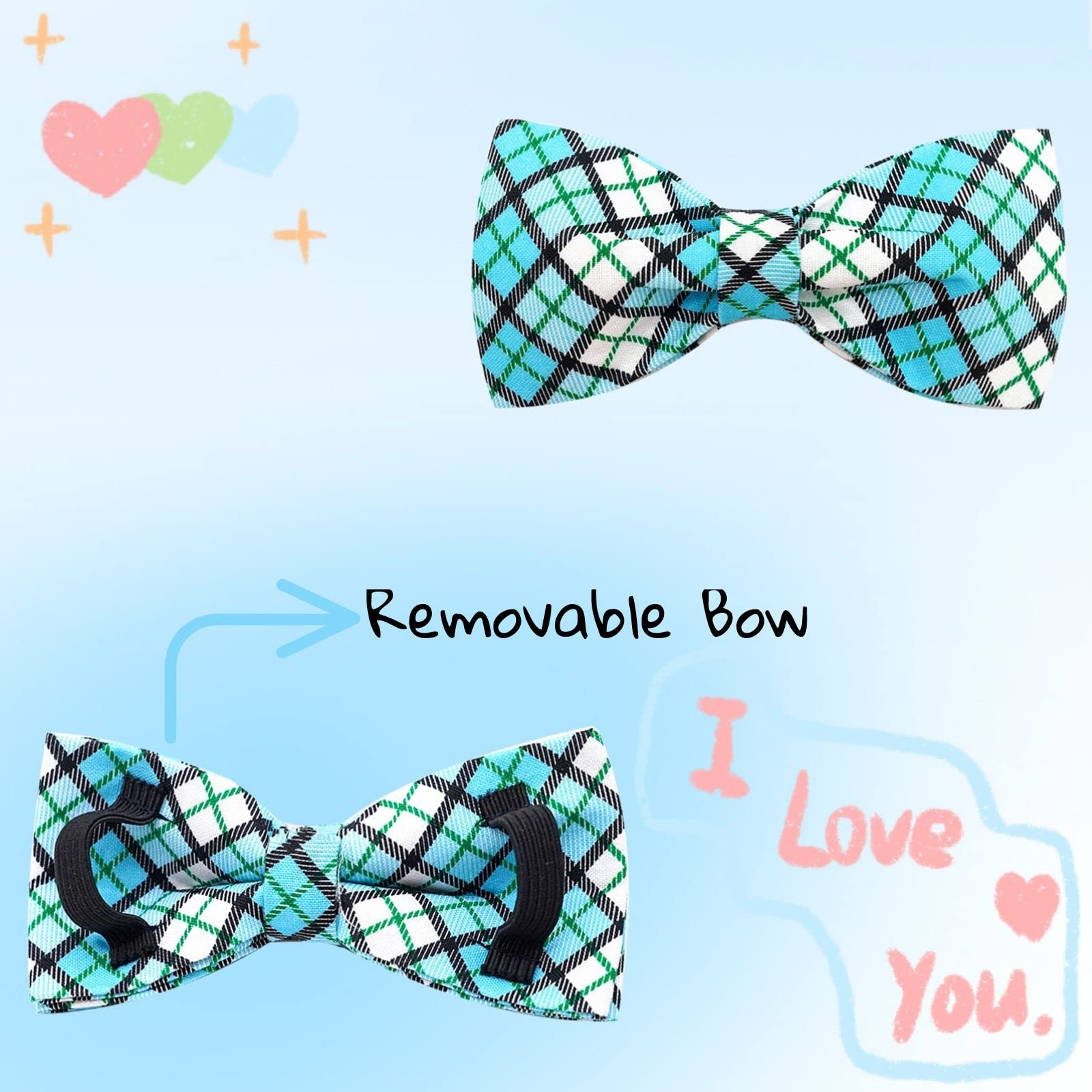 Elegant little tail Dog Collar, Blue Plaid Dog Collar with Bow Boy Dog Collar Pet Collars Soft Dog Bowtie Adjustable Dog Collar