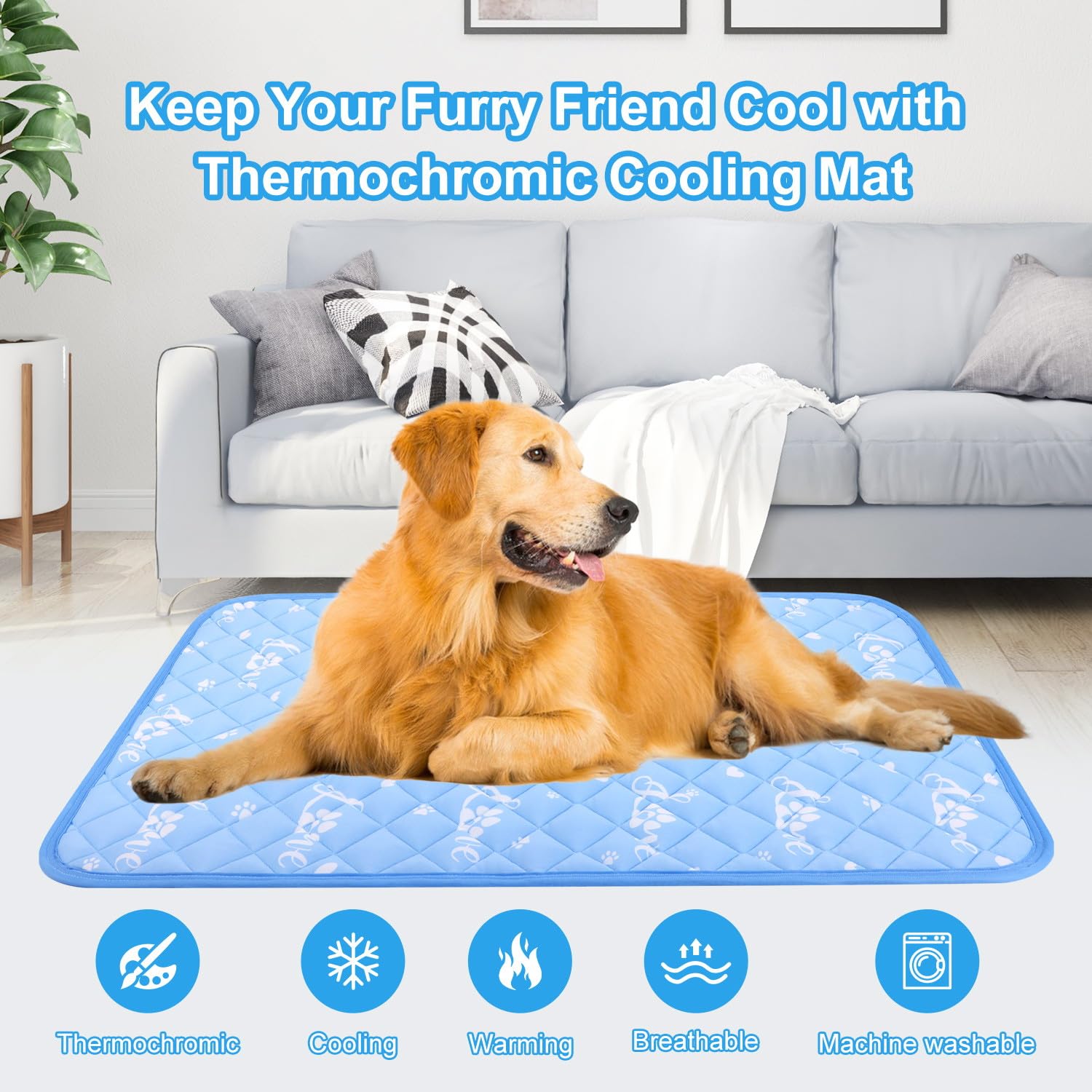 MH MYLUNE HOME Dog Cooling Mat 48x28 Inch - Double-Sided Cooling & Warm, Arc-Chill Cooling Fiber, Endothermic Color Changing Pet