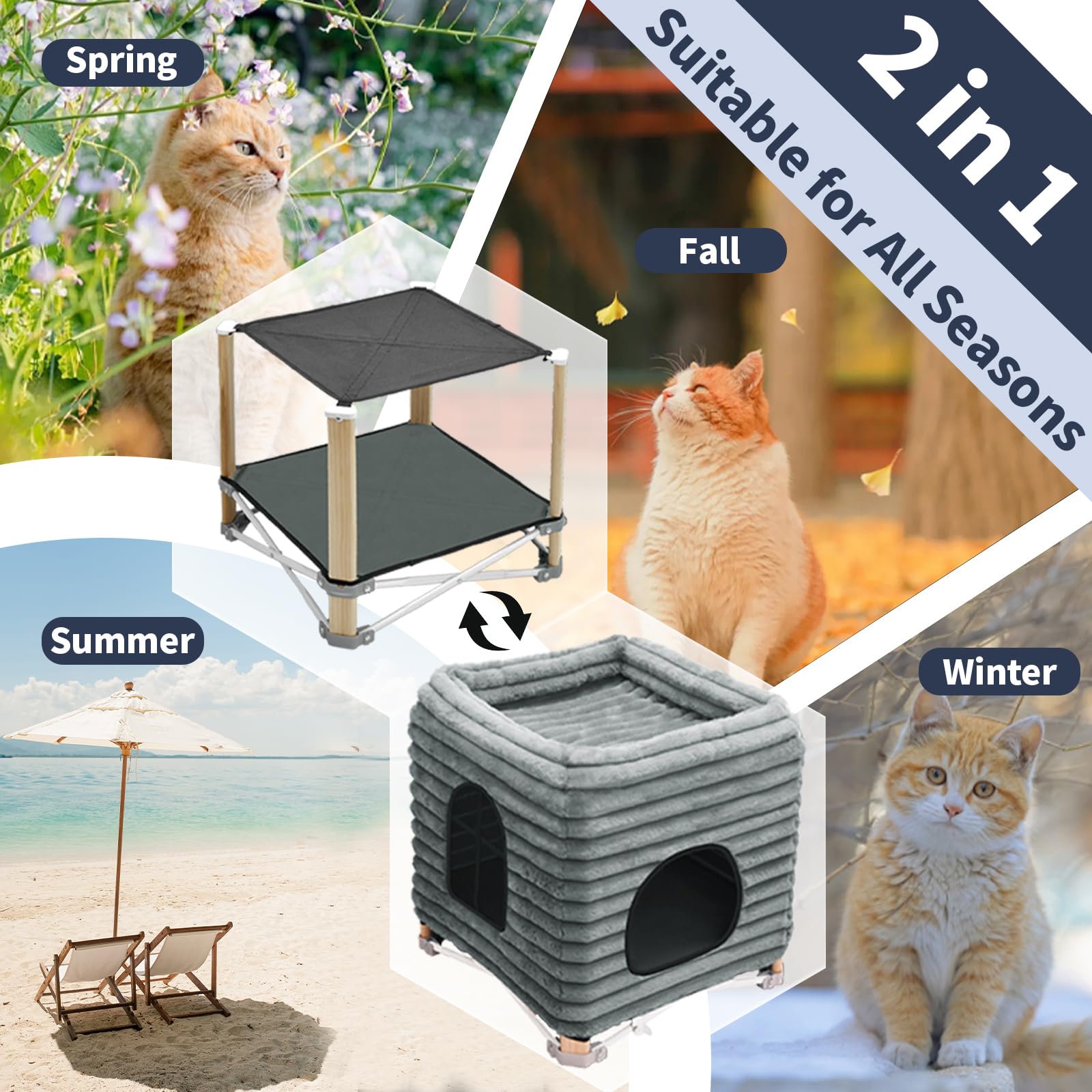 Pozico 2-Tier Collapsible Cat Beds & Furniture, 2 Layer Pine Construction Cat Hammocks, Cat Houses For Indoor Cats, Cat Bed Cave