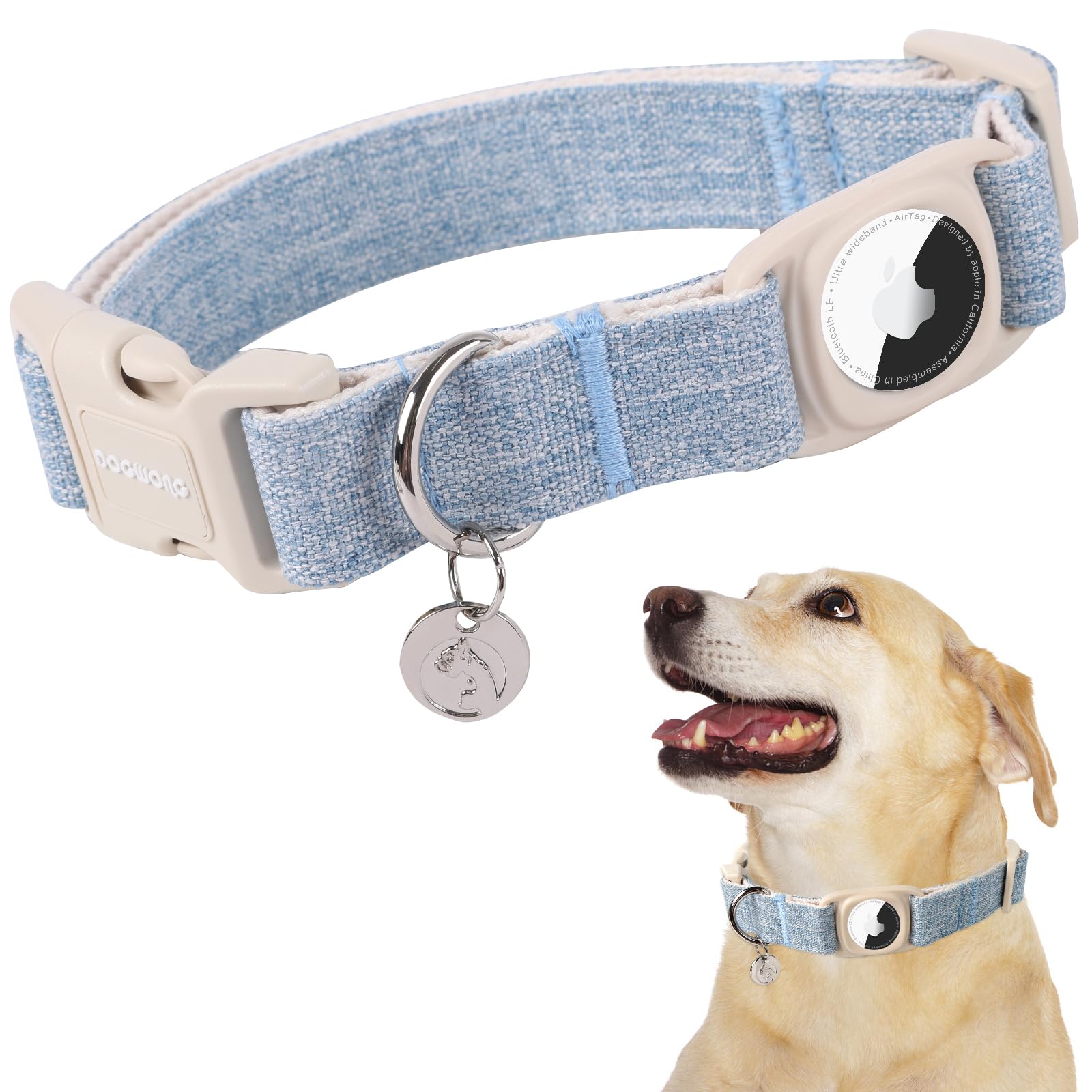 Dogwong Airtag Cotton Hemp Dog Collar, Heavy-Duty With Airtag Holder, Blue, Natural Fabric, Cute Puppy Necklace For Small To Lar