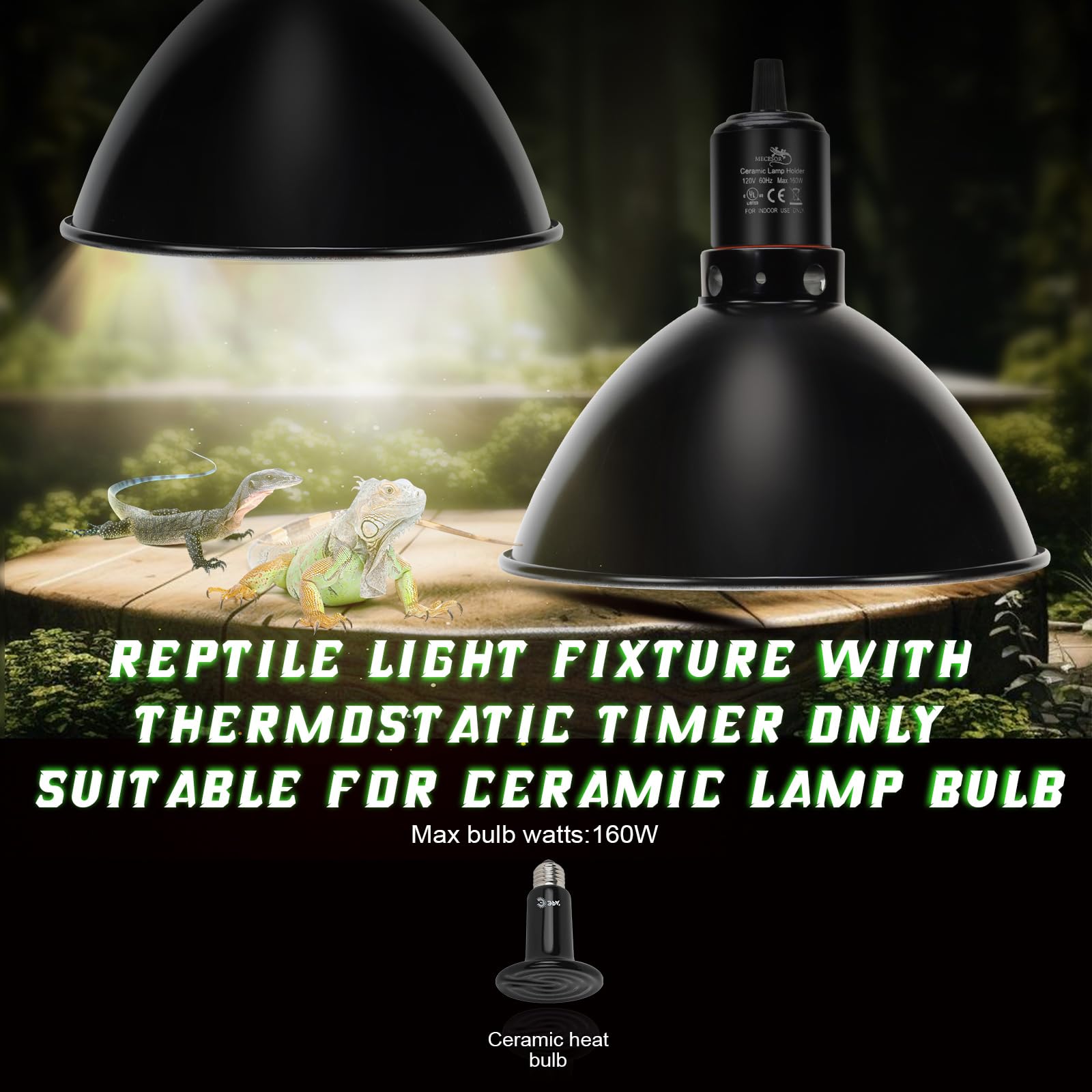 Mecesor Reptile Light Fixture With Thermostatic Timer, 8.5 Inch Deep Dome Lamp Cap Reptile Heat Lamp Fixture With Separate Switc