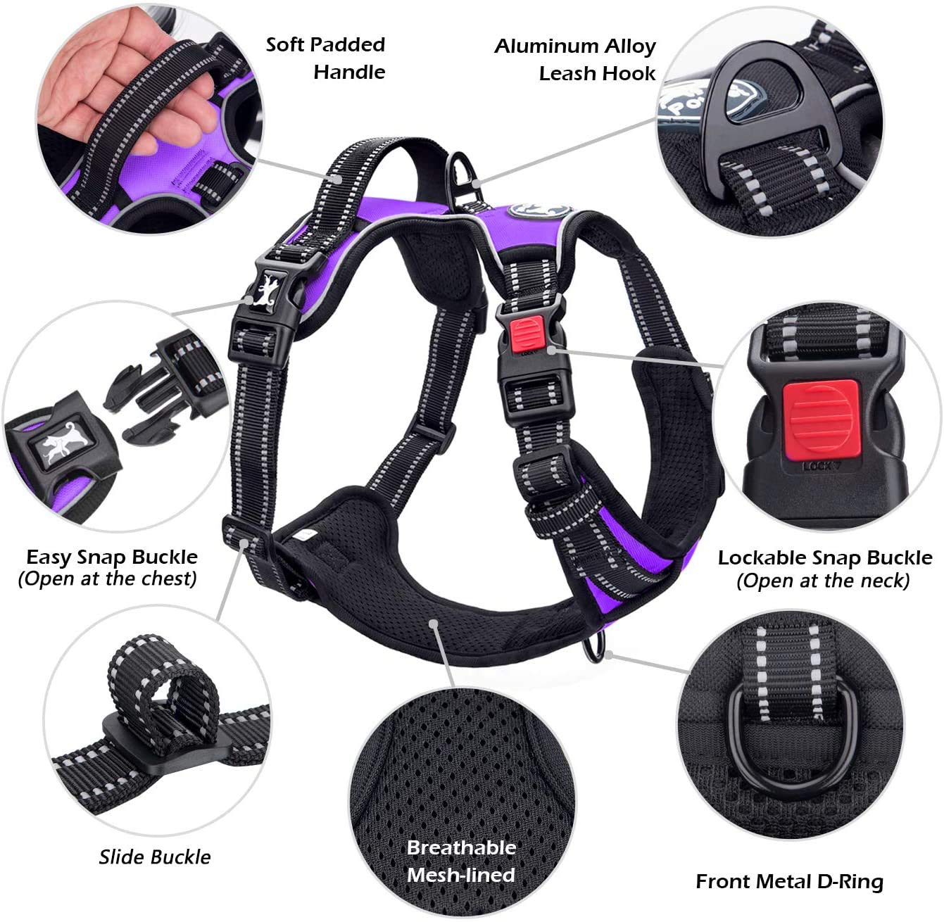 Poypet No Pull Dog Harness, No Choke Front Lead Dog Reflective Harness, Adjustable Soft Padded Pet Vest With Easy Control Handle For Small To Large Dogs(Purple,Xs)