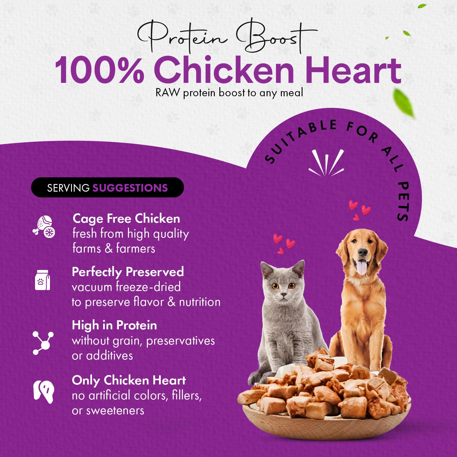 Chef Kitty Freeze-Dried Chicken Heart Treats for Cats & Dogs - 100% Human Grade, Single Ingredient, High-Protein, Healthy Snack