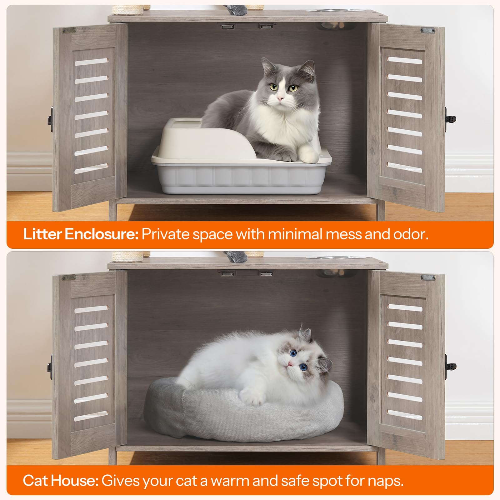 Hoobro Cat Tree With Litter Box Enclosure, 44'' Tall Wooden Cat Tower With Scratching Posts, Cat Hammock, Hidden Litter Box Furn