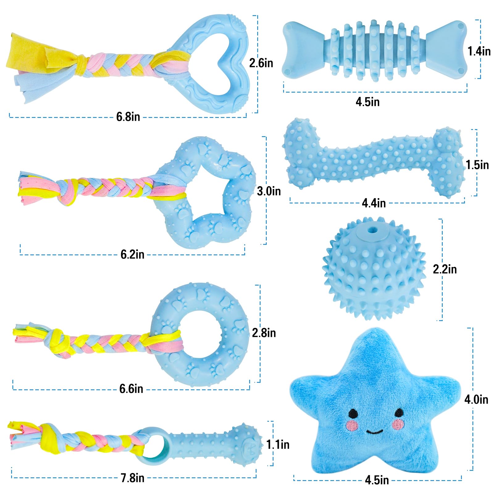 MRSOHRET Puppy Toys, 8 Pack Puppy Chew Toys for Teething, Cute Blue Small Dog Toys Set, Teething Toys for Puppies, Soft Durable