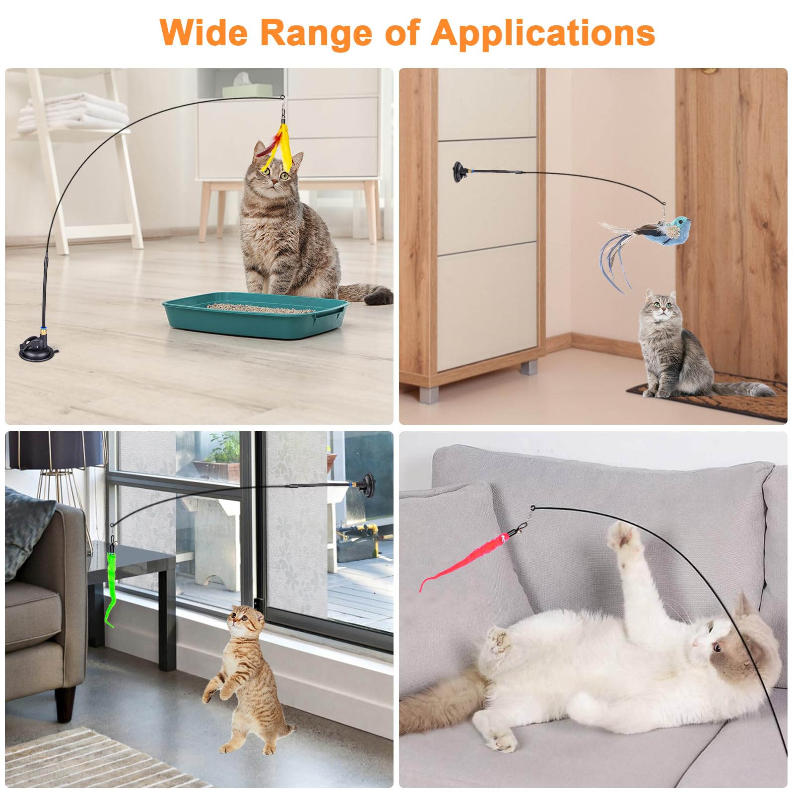 Oziral Cat Feather Toys, 10Pcs Toys With Super Suction Cup, 2Pcs Detachable Wand & 6Pcs Replacement Teaser Refills, Interactive