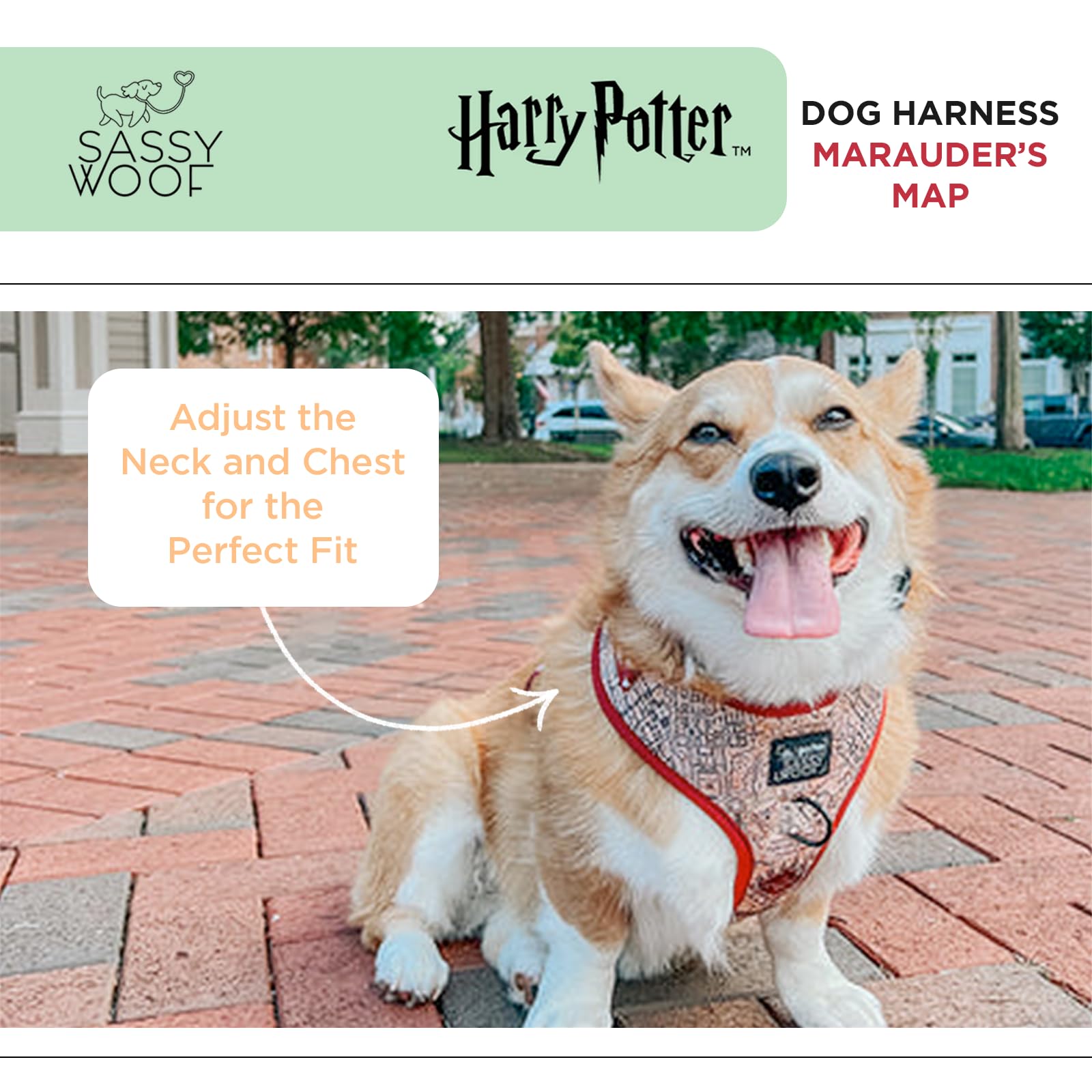 Sassy Woof Dog Adjustable Harness - Harry Potter Marauder'S Map - Xs, Breathable Mesh, No Pull Design With Two D-Rings, Perfect