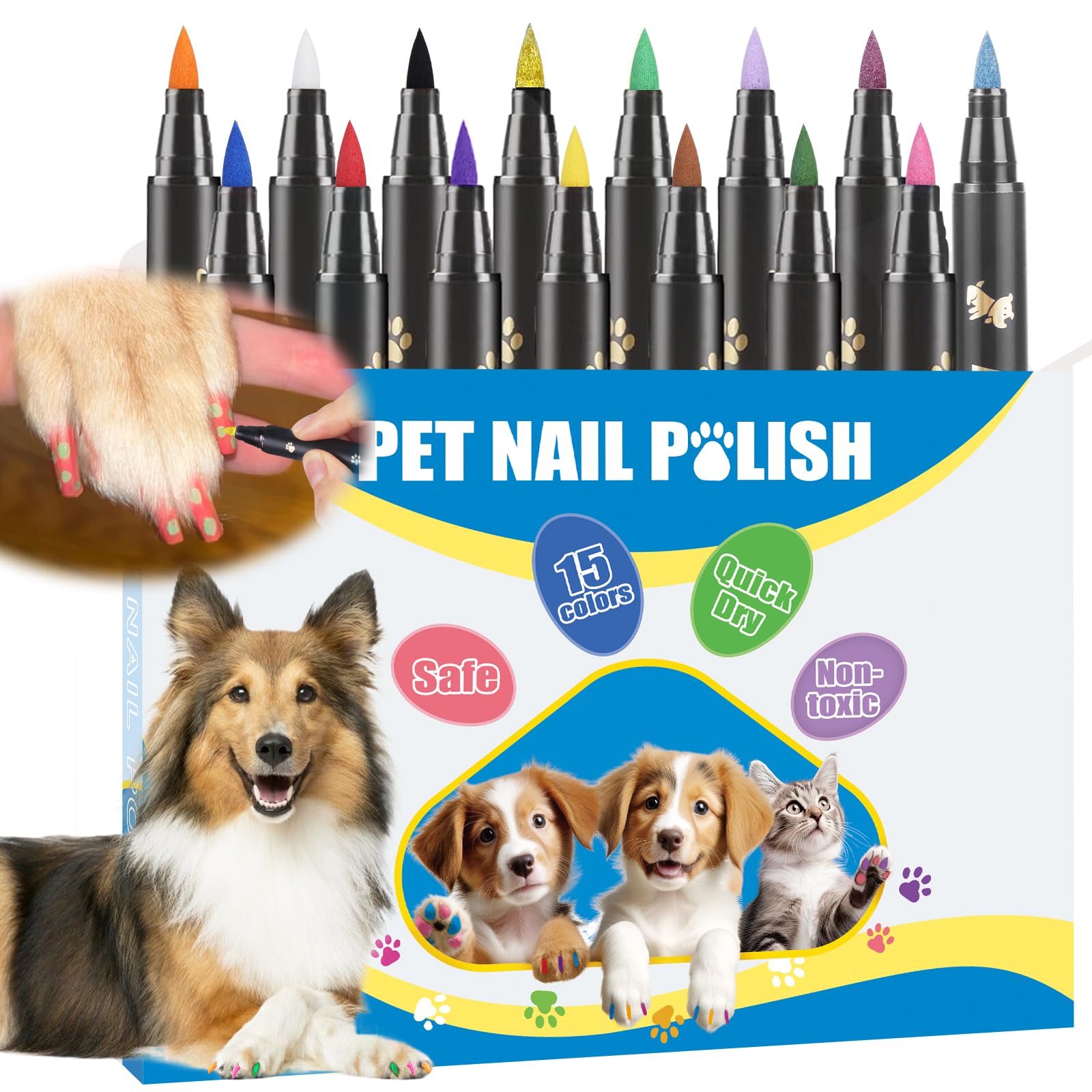 Cheloment 15 Colors Dog Safe Nail Polish Pen Quick Dry, Pet Nail Colors For Cats/Dogs/Birds/Rabbits, Easy To Apply