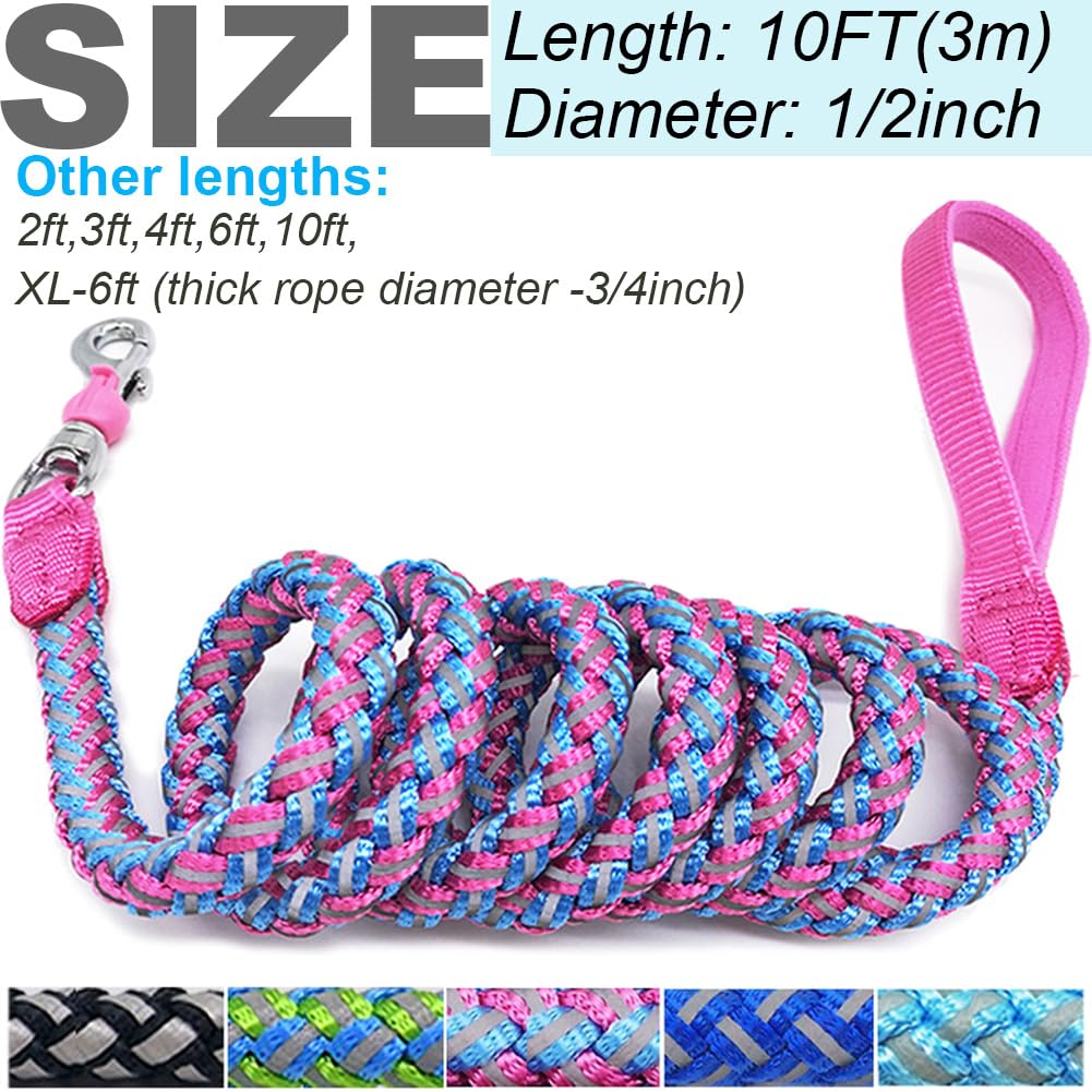 Mycicy 10FT Reflective Dog Leash with Braided Rope and Soft Handle - Strong Comfortable, and Safe for Night Walks