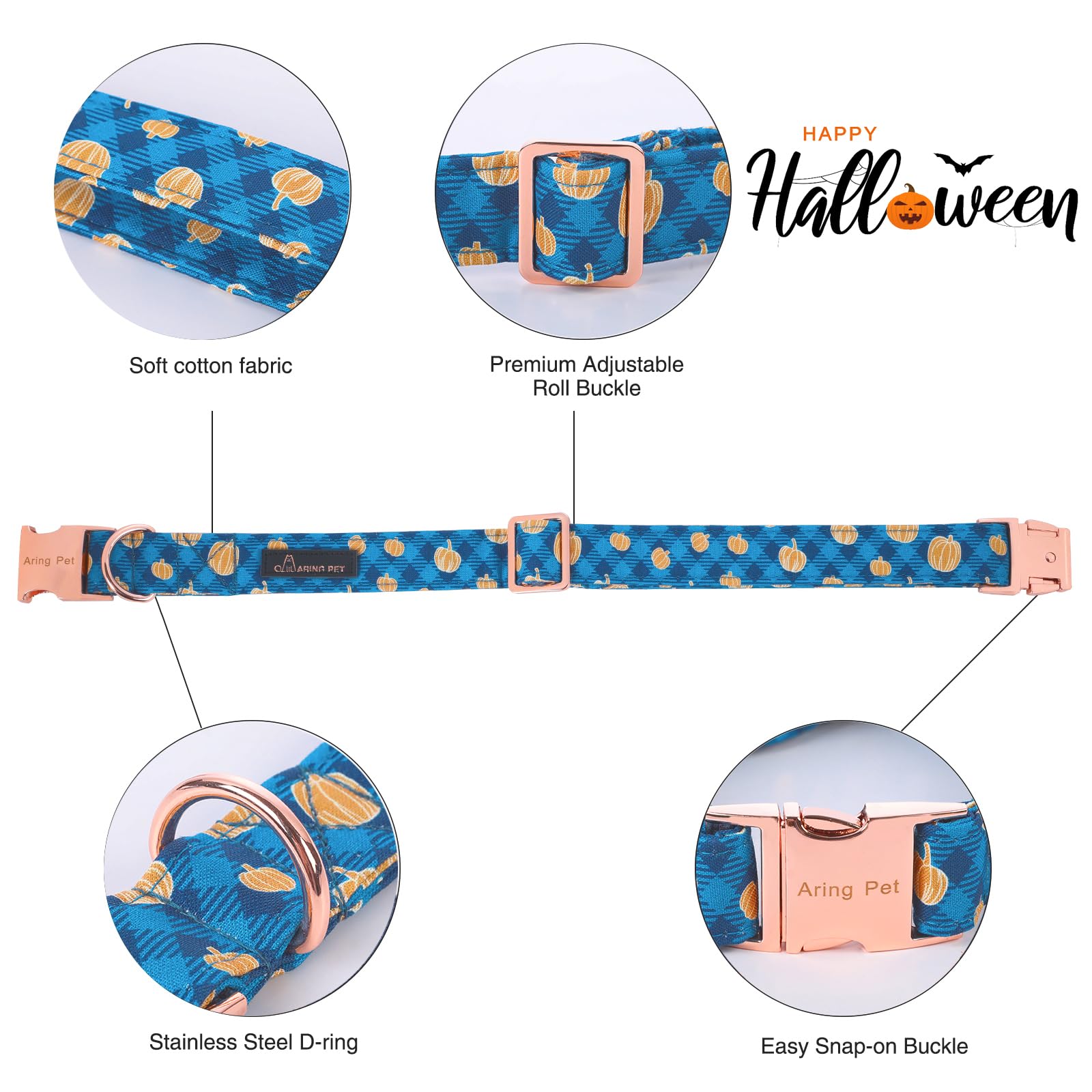 Aring Pet Halloween Dog Collar, Cotton Plaid Pumpkin Dog Collar With Bow, Adjustable Halloween Pumpkin Dog Collars With Metal Bu