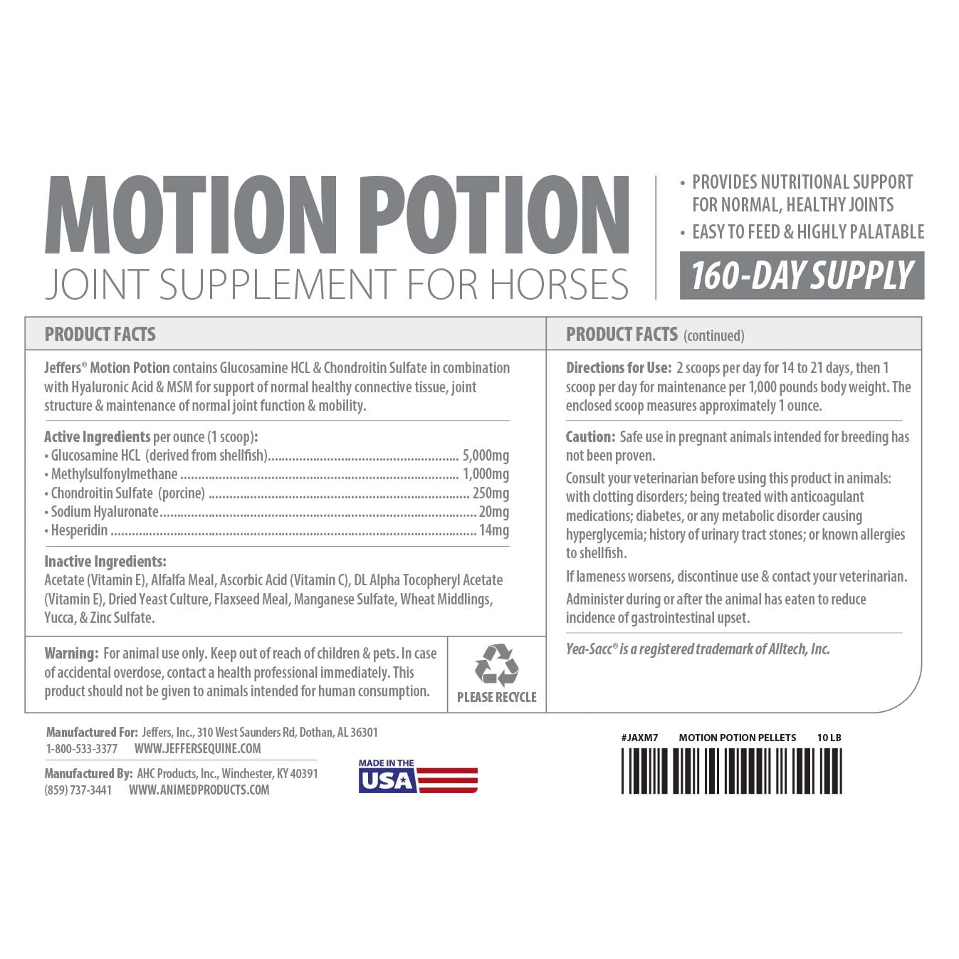 Jeffers Motion Potion Pellets Joint Supplement for Horses, 10 lb- Glucosamine, MSM, Chondroitin, Hyaluronic Acid, & Vitamins. Da