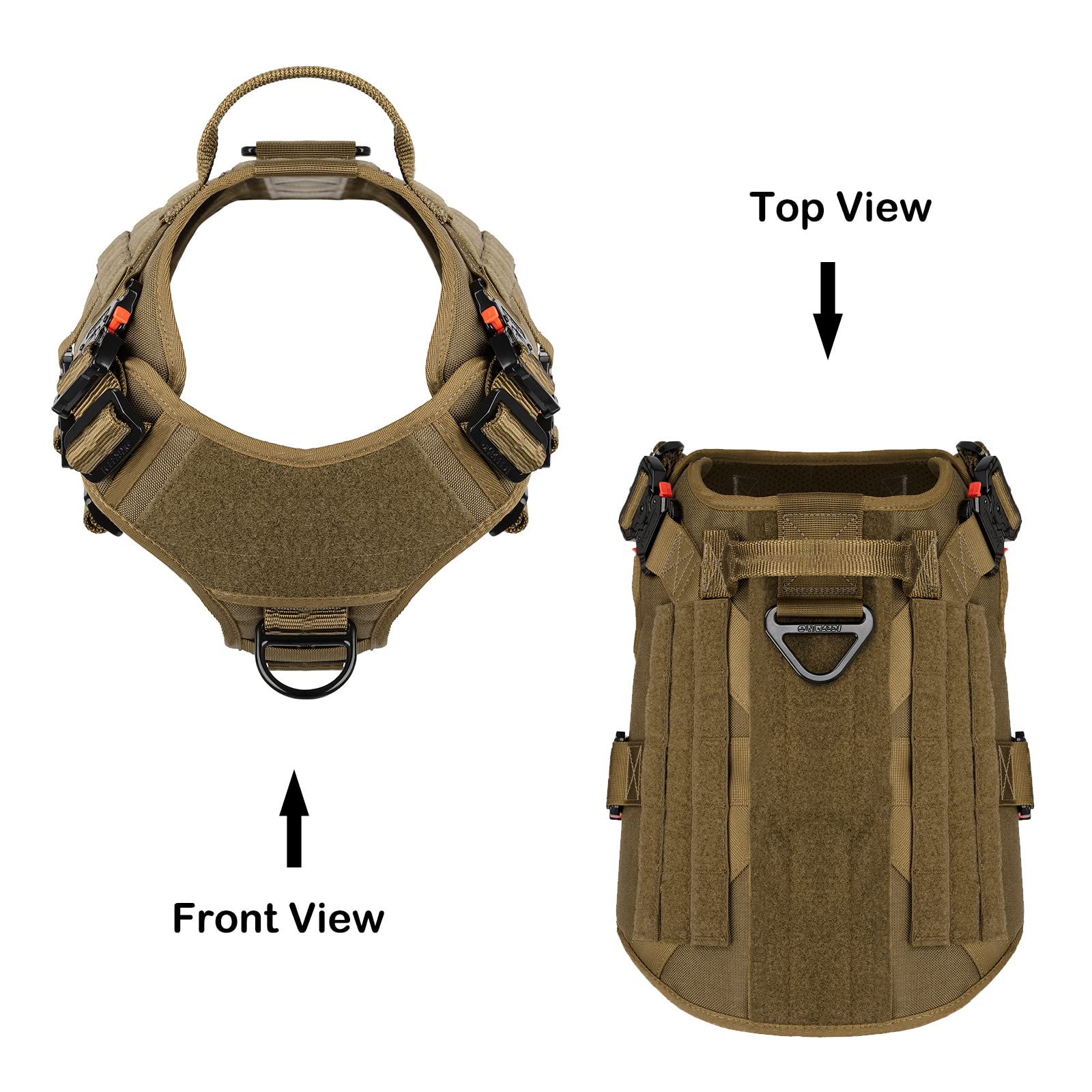 Icefang Tactical Dog Harness With 4X Metal Buckle,Dog Molle Vest With Handle,No Pulling Front Clip,Hook And Loop Panel For Dog Custom Patch (L (28'-35' Girth), Coyote Brown)