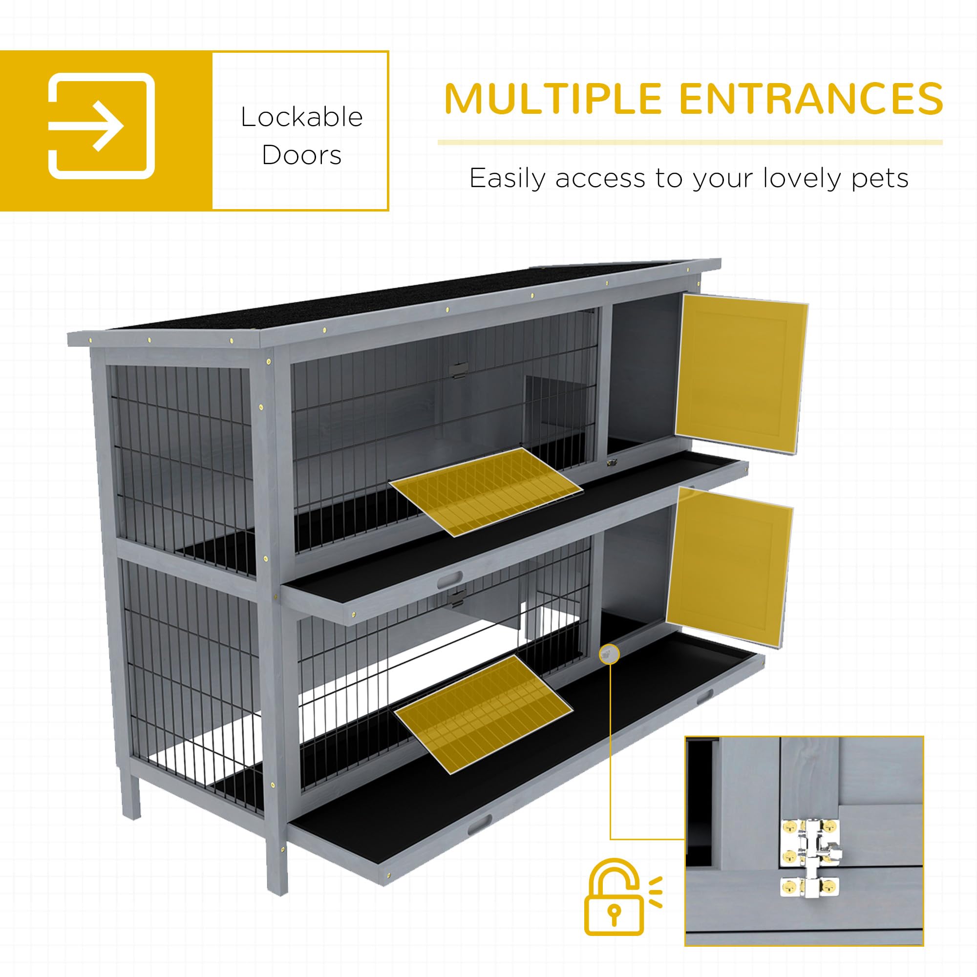 PawHut 54 2-Story Large Rabbit Hutch Bunny Cage Wooden Pet House Small Animal Habitat with Lockable Doors, No Leak Tray and Wate