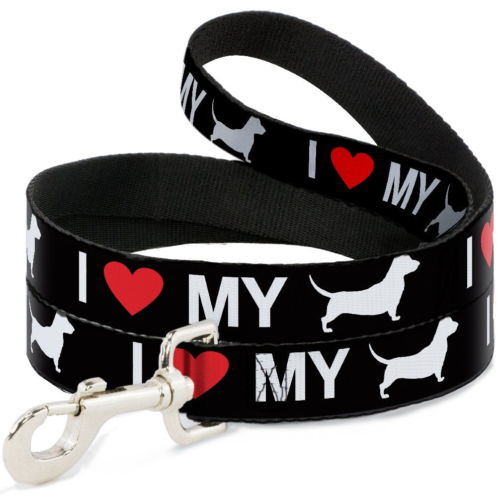 Dog Leash I Heart My Wiener Dog Silhouette Black White Red 6 Feet Long 1.5 Inch Wide
