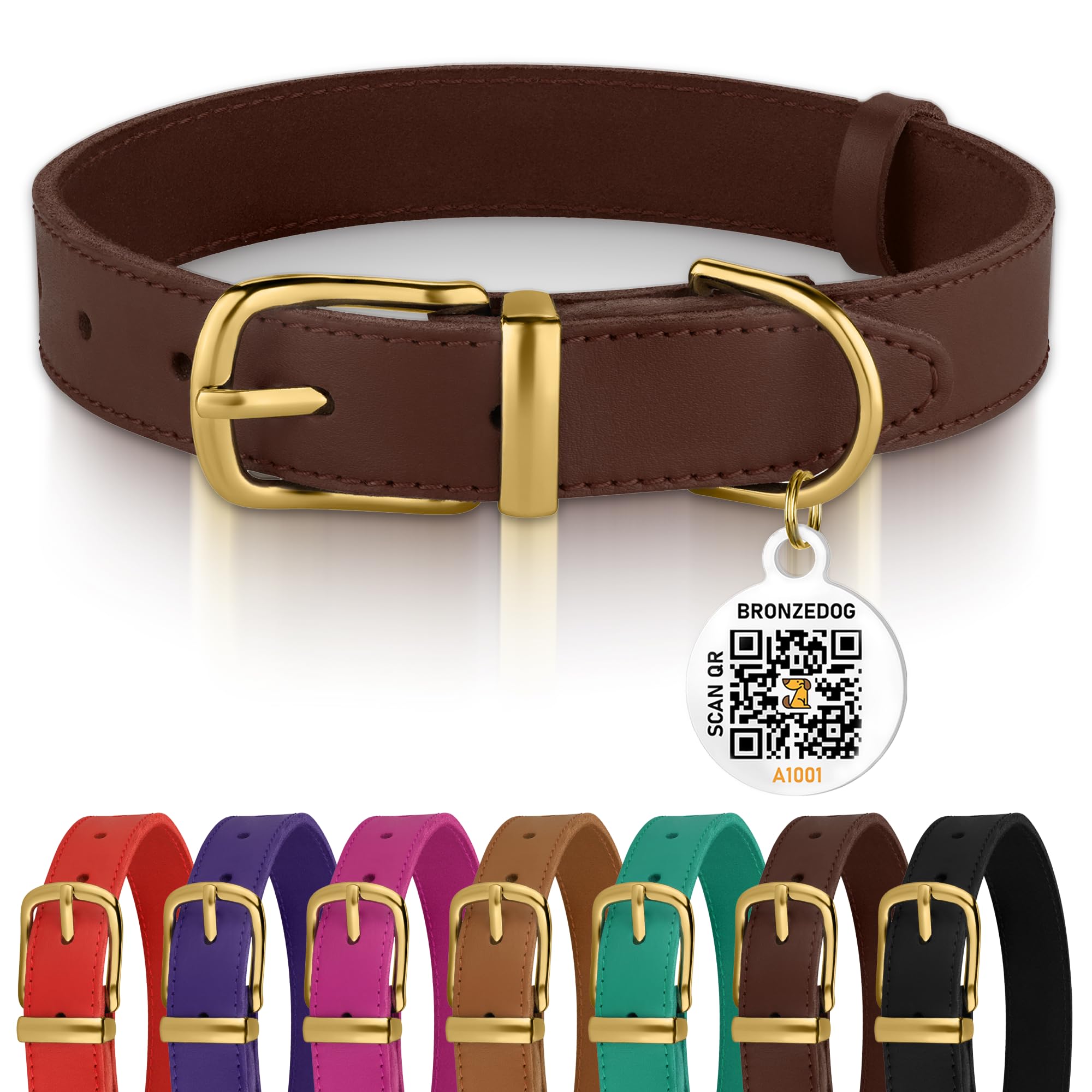 Bronzedog Leather Dog Collar With Qr Id Tag Basic Pet Collars For Small Mini Dogs Cats Puppies (9-11 Inch (Pack Of 1), Dark Brow