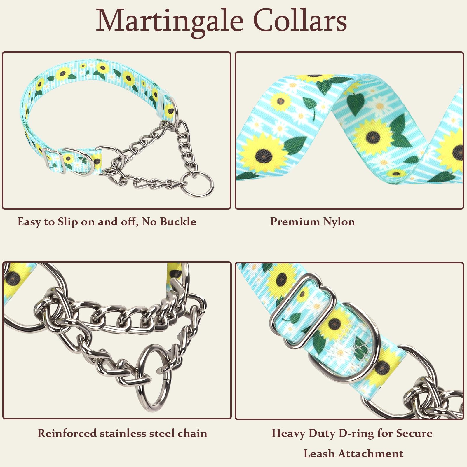 Martingale Collar For Dogs With Nylon & Steel Chain Limited Cinch Design, Sunflower No Choke Dog Collar, Adjustable No Pull Dog