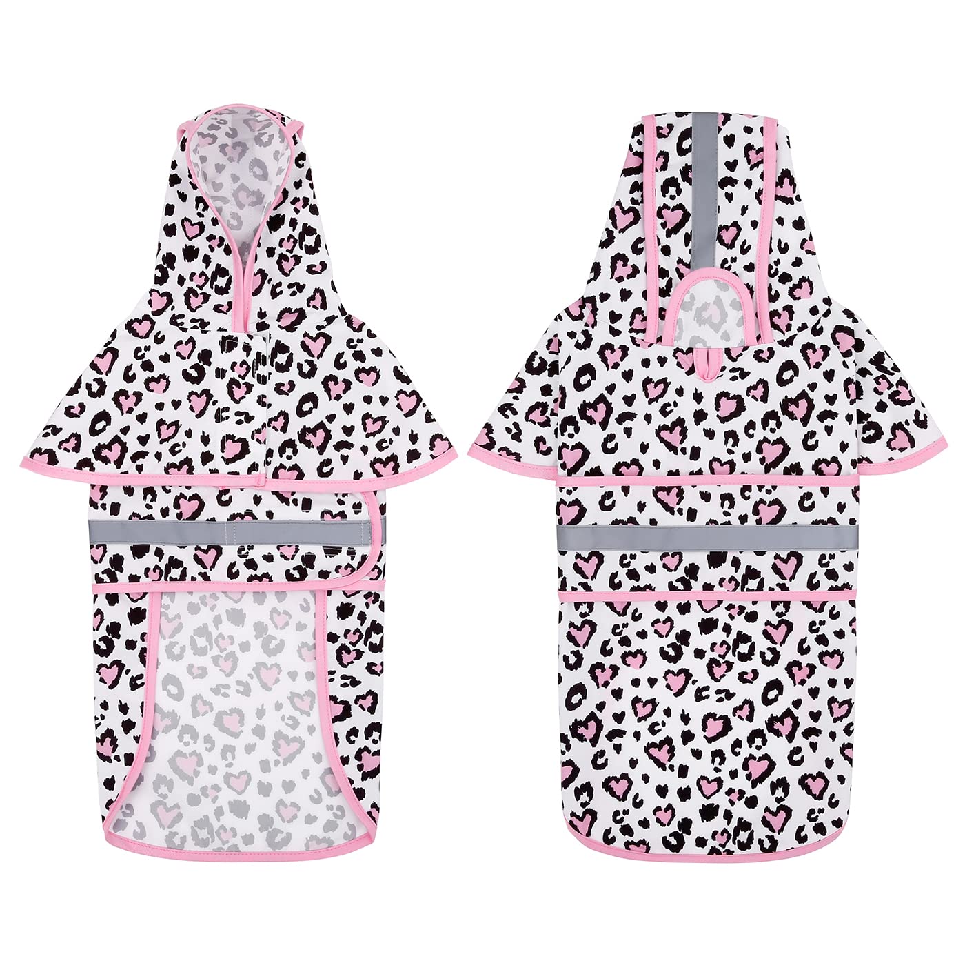 Hde Dog Raincoat Hooded Slicker Poncho For Small To X-Large Dogs And Puppies Leopard Hearts - M