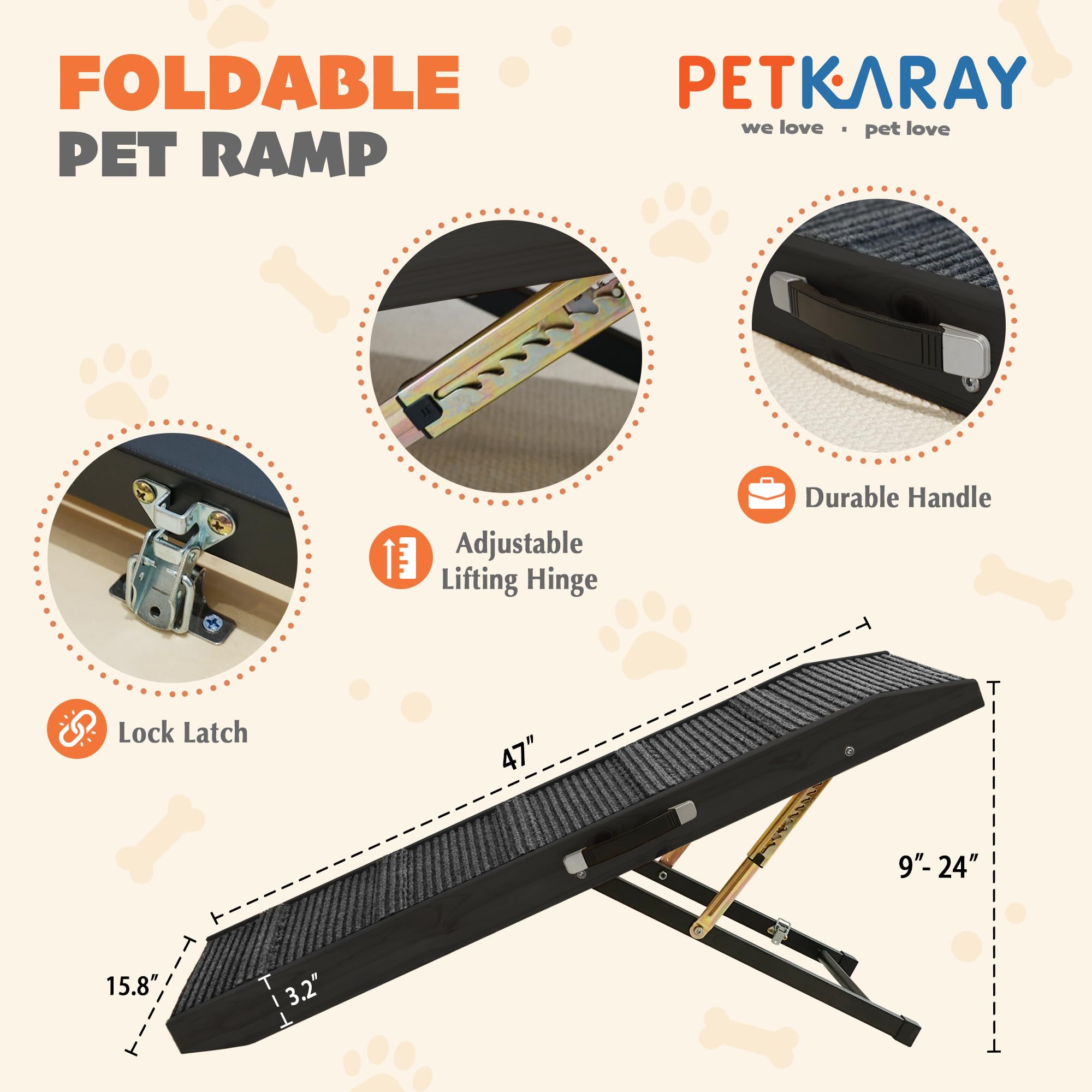 PETKARAY Dog Ramp for Bed, Indoor Dog Step for Couch, Folding Portable Stairs for Small Medium Large Dogs, 47 Long Adjustable He