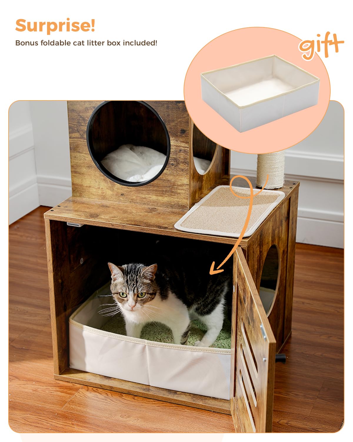 MUTTROS Cat Tree with Litter Box Enclosure 55.5 Modern Cat Tree Tower with Top Bed and Green Leaves, Wood Cat Furniture Hidden L