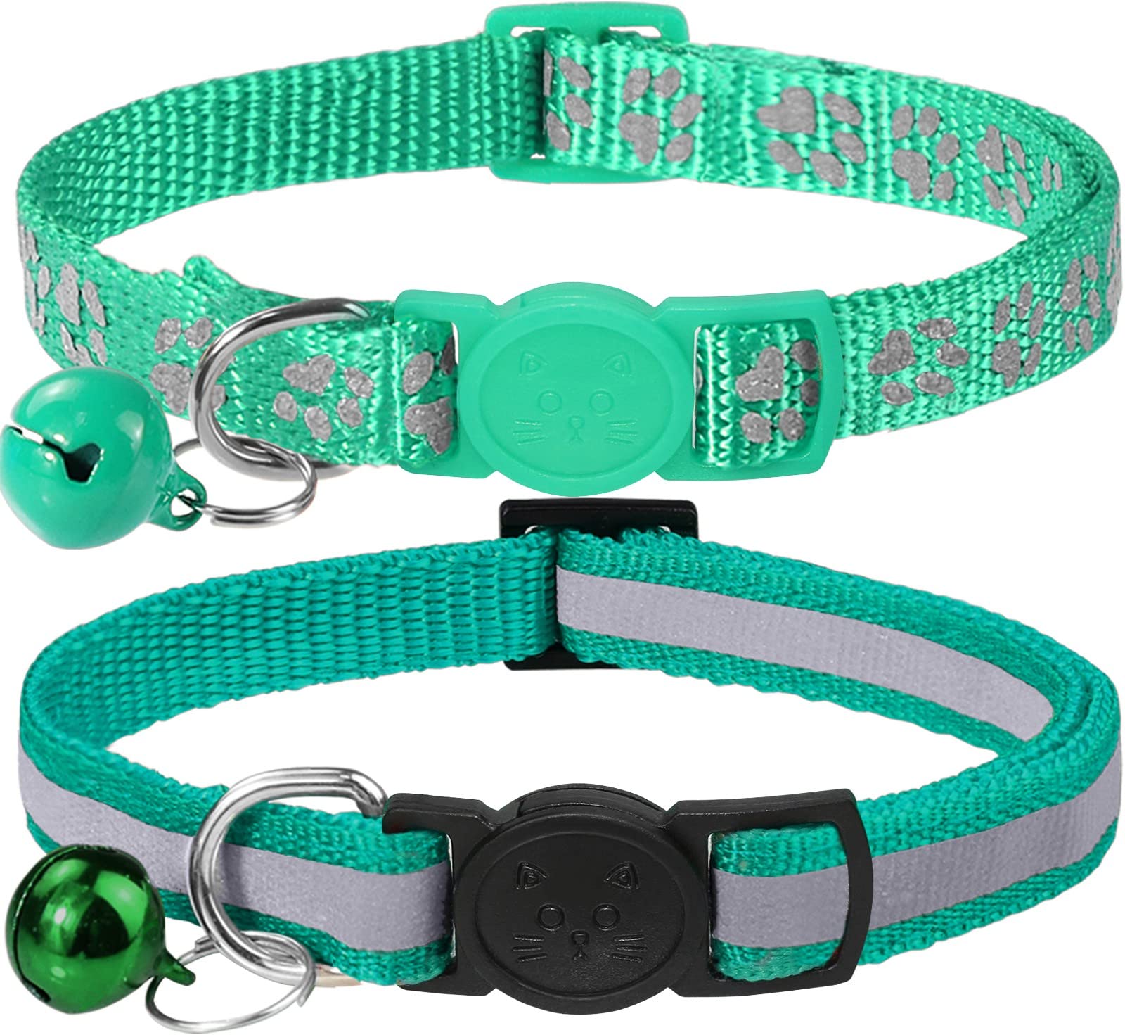 Taglory Reflective Cat Collars Breakaway With Bell, 2 Pack Girl Boy Pet Kitten Collar Adjustable 6-8 Inch, Turquoise