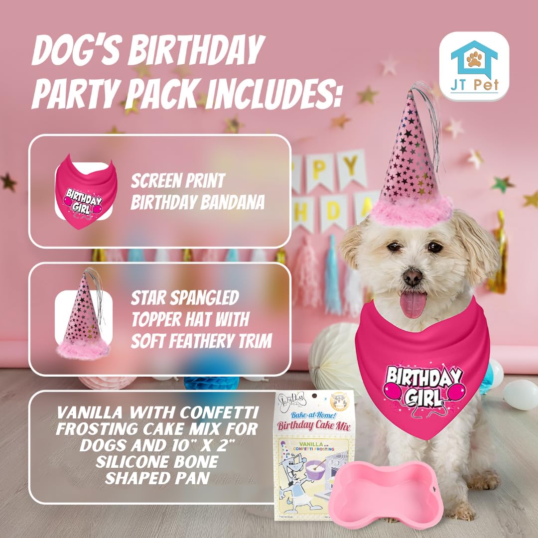 Jt Pet Dog Birthday Girl Party Pack With Bandana, Star Spangled Party Hat With Adjustable Elastic, Tassels And Feathery Trim, Bi