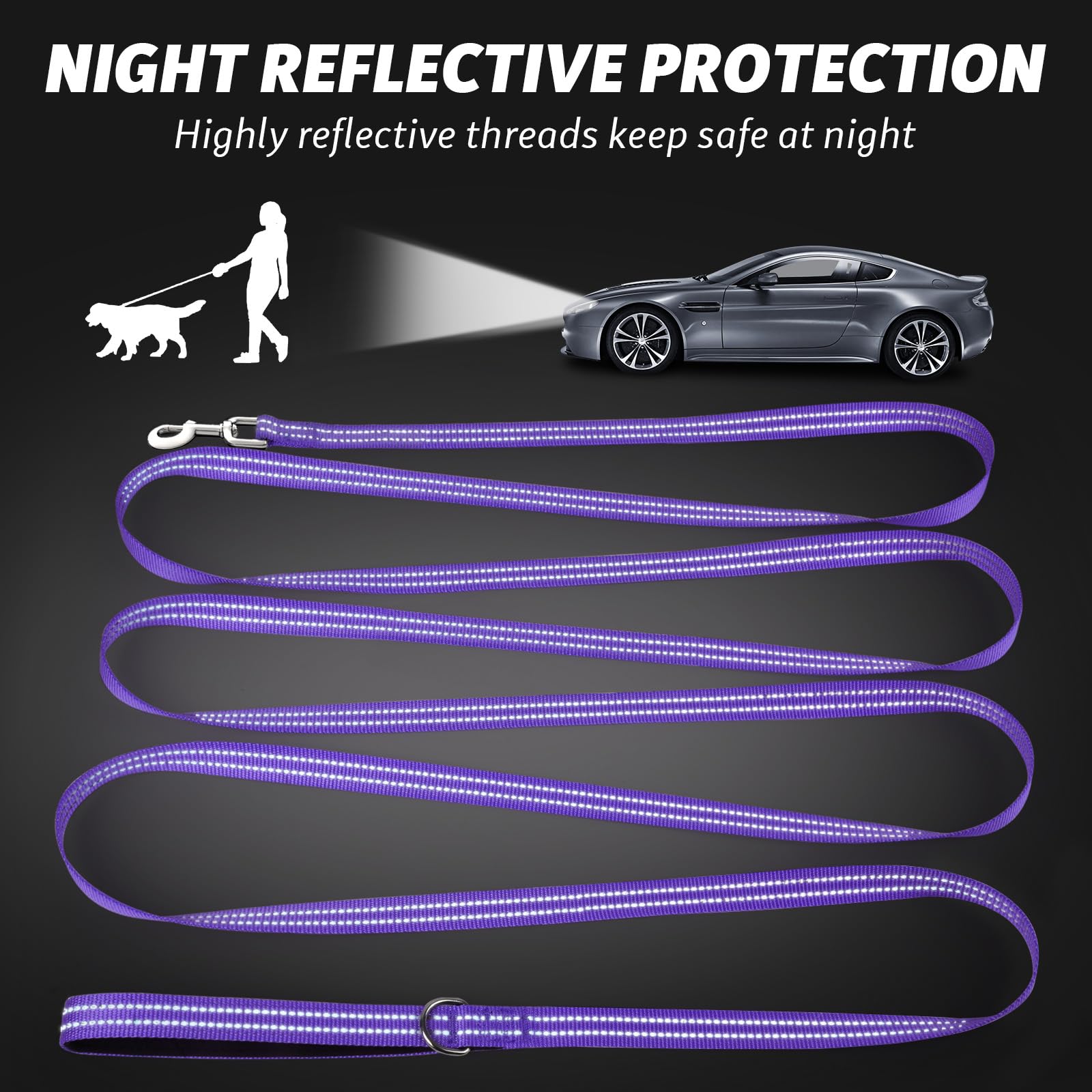 Xiaz 50 Feet Dog Training Leash, Nylon, Purple, Reflective, Padded Handle, 550 Lbs Bearing, Lightweight Suitable For Small, Medi