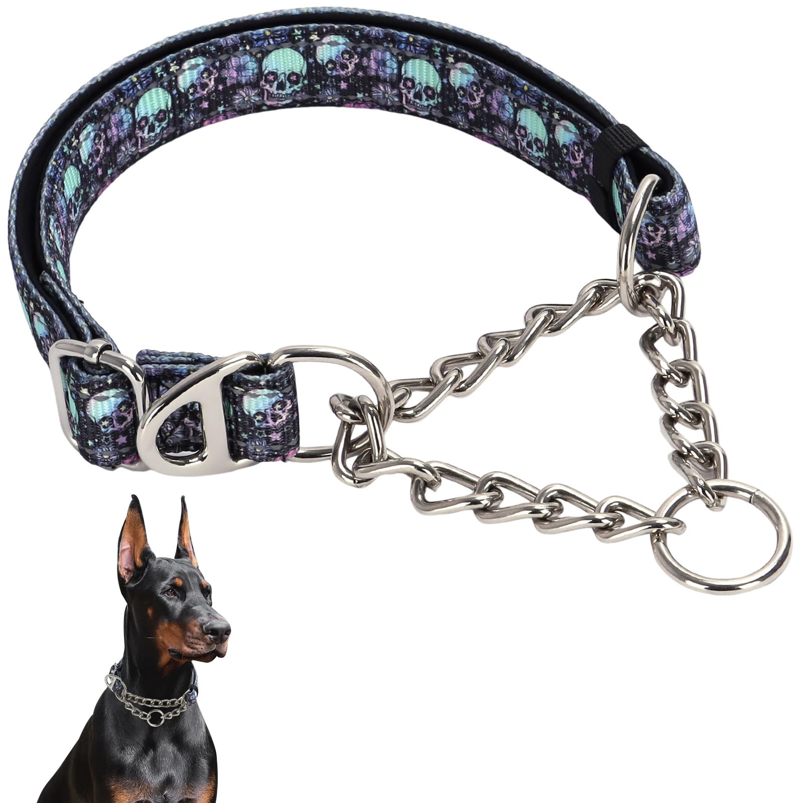Martingale Dog Collar With Chain,Skull Reflective Nylon Soft Padded Adjustable Choke Collar For Large Breed Dogs, Medium, Xl, Xx