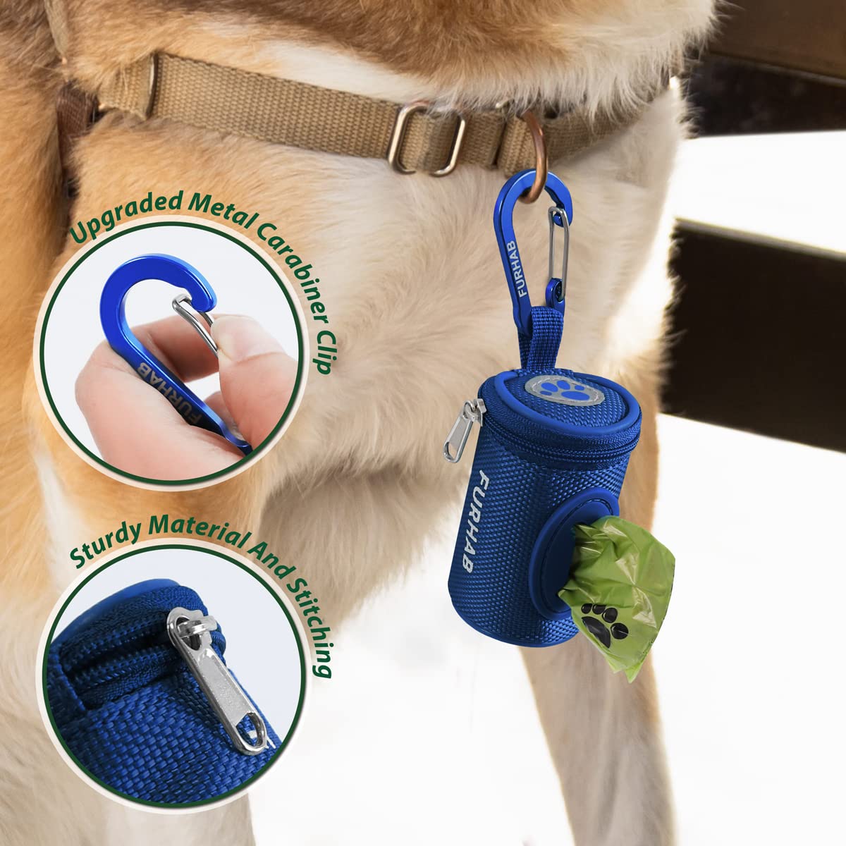 Furhab Dog Poop Bag Holder For Leash Doggie Waste Bag Dispenser Soft Fabric Puppy Potty Carrier Small Doggy Zipper Pouch With Carabiner Clip 1680D Nylon Oxford With 1 Roll Of Pet Trash Bag, Royal Blue