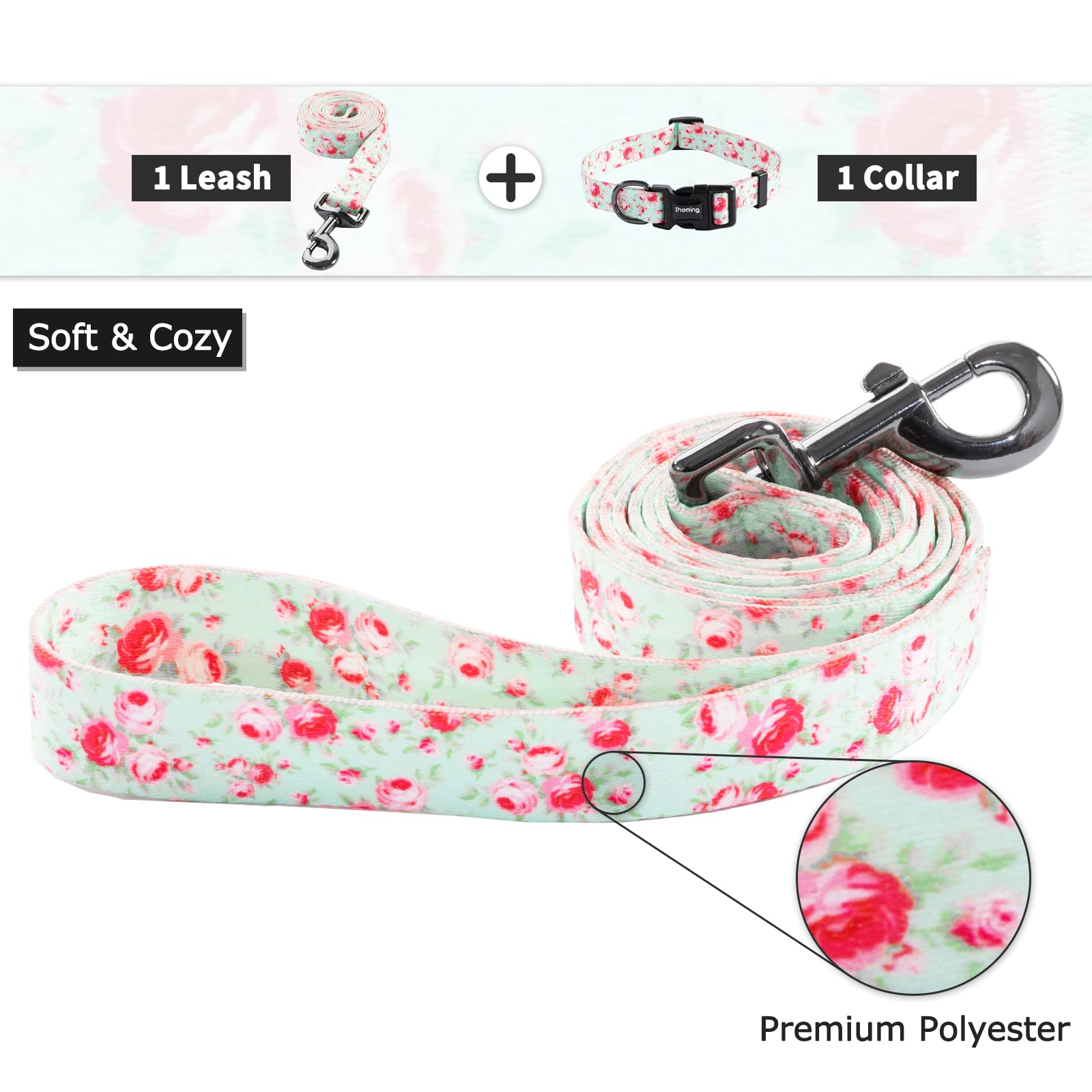 Ihoming Dog Collar And Leash Set For Daily Outdoor Walking Running Training, Floral Greenlake Design For Medium Boys Girls Dogs