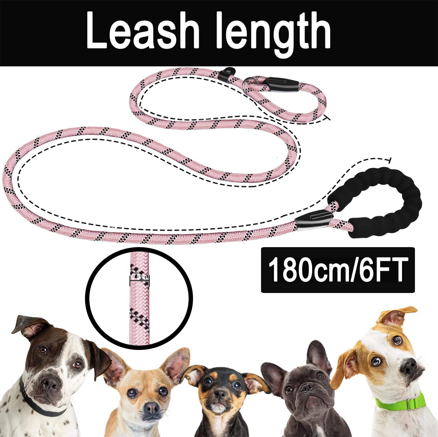 6 Ft Dog Leash, Durable Premium Quality Strong Training Rope Slip Leash With Comfortable Padded Handle And Highly Reflective Thr