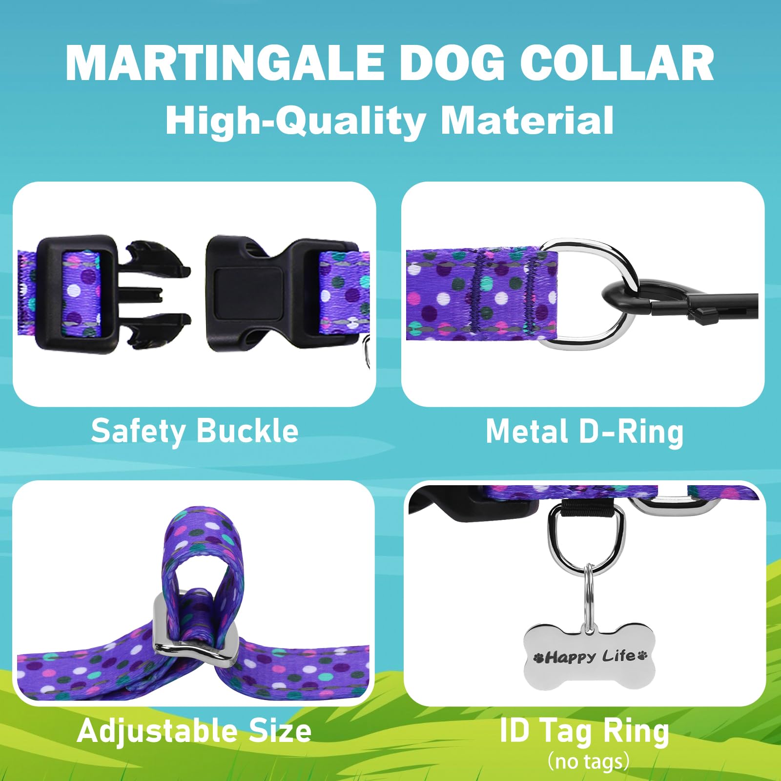Fidohug Reflective Martingale Collar For Dogs With Quick Release Buckle Cute No Pull Training Dog Collars (Purple Polka Dot, Med