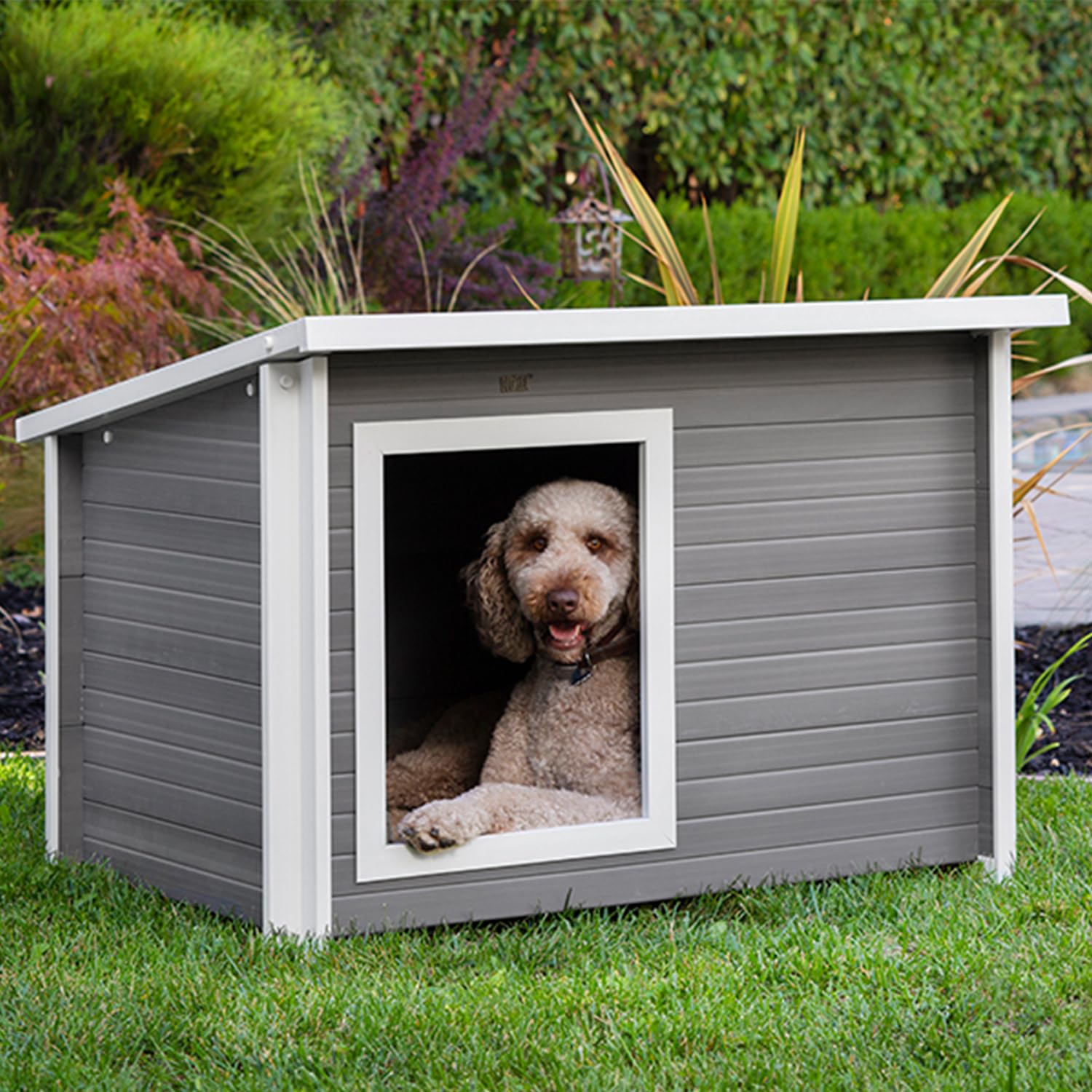 ECOFLEX Rustic Lodge Gray Dog House – Extra Large, 10-YR Warranty - Non-Toxic, Eco-Friendly w/Raised Floor.