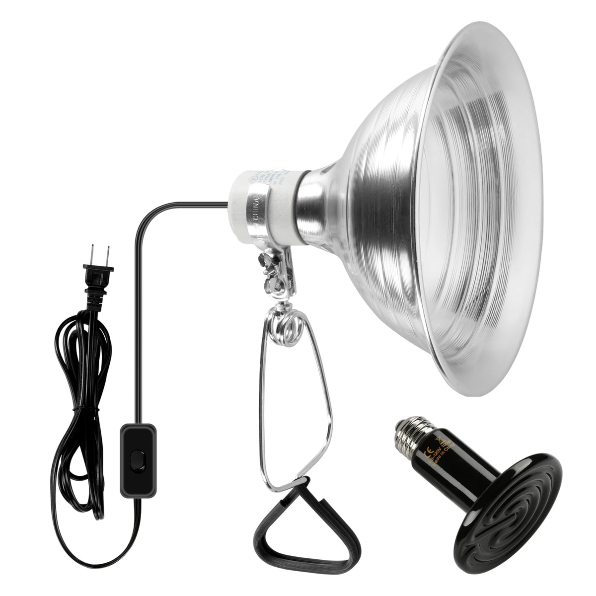 Simple Deluxe 100W Ceramic Reptile Heat Lamp Bulb & 150W Clamp Light With 8.5'' Aluminum Reflector Combo For Amphibian Pets, Sil