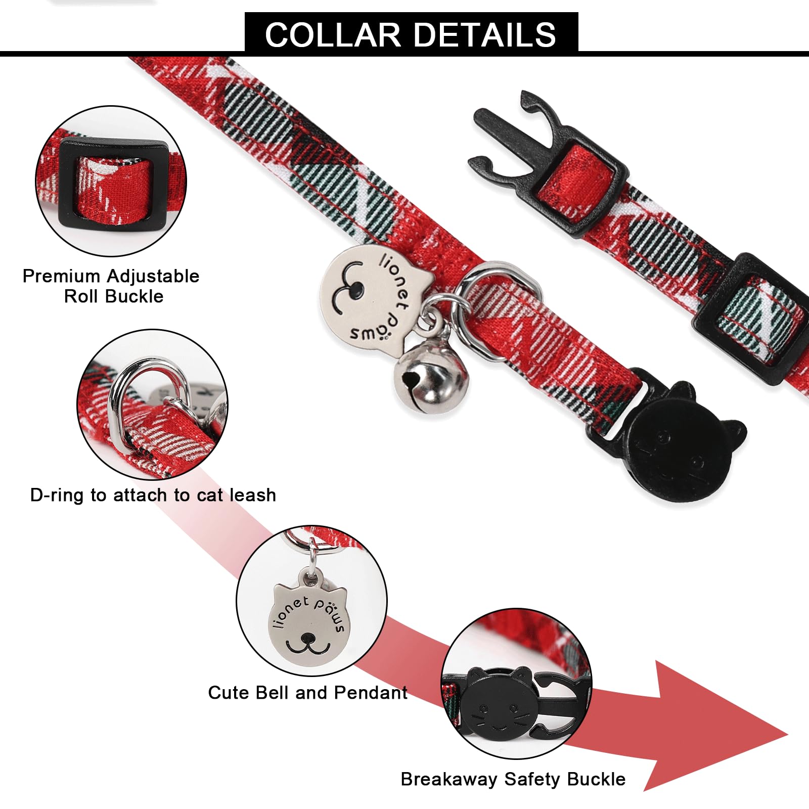 Lionet Paws 2Pcs Pack Cotton Cat Collar,Breakaway Buckle With Christmas Red Whtie Stripe Cute Adjustable Cat Kitten Collar,Ideal