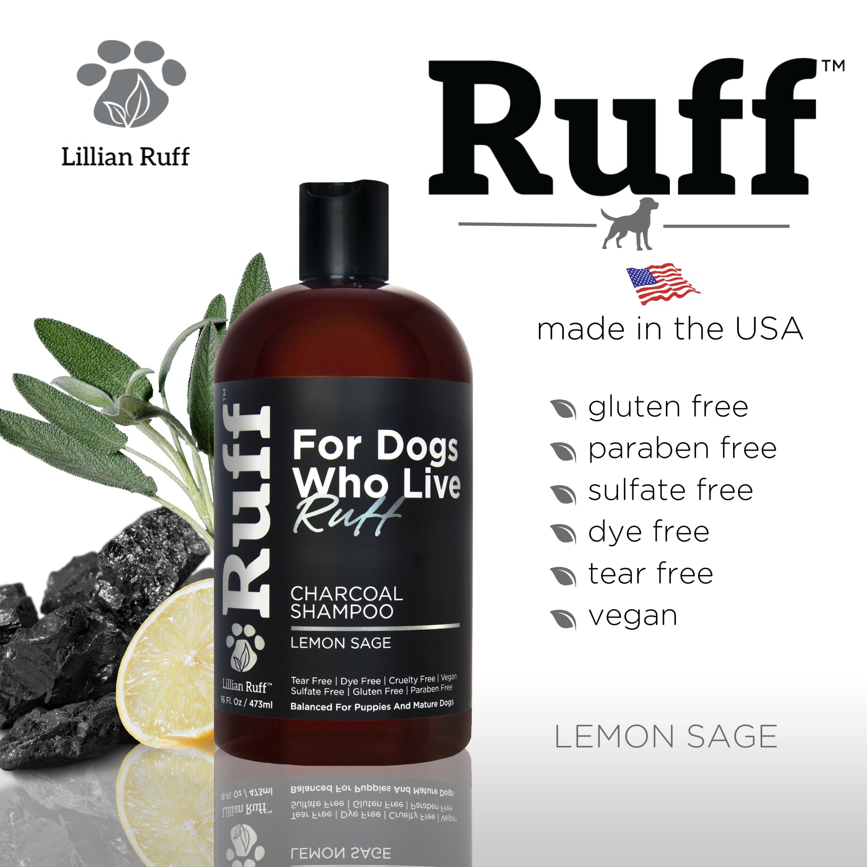 Ruff By Lillian Ruff Activated Charcoal Pet Shampoo - Deep Cleanser, Deodorizer, Stain Remover - Lemon Sage Scent, Ph Balanced,
