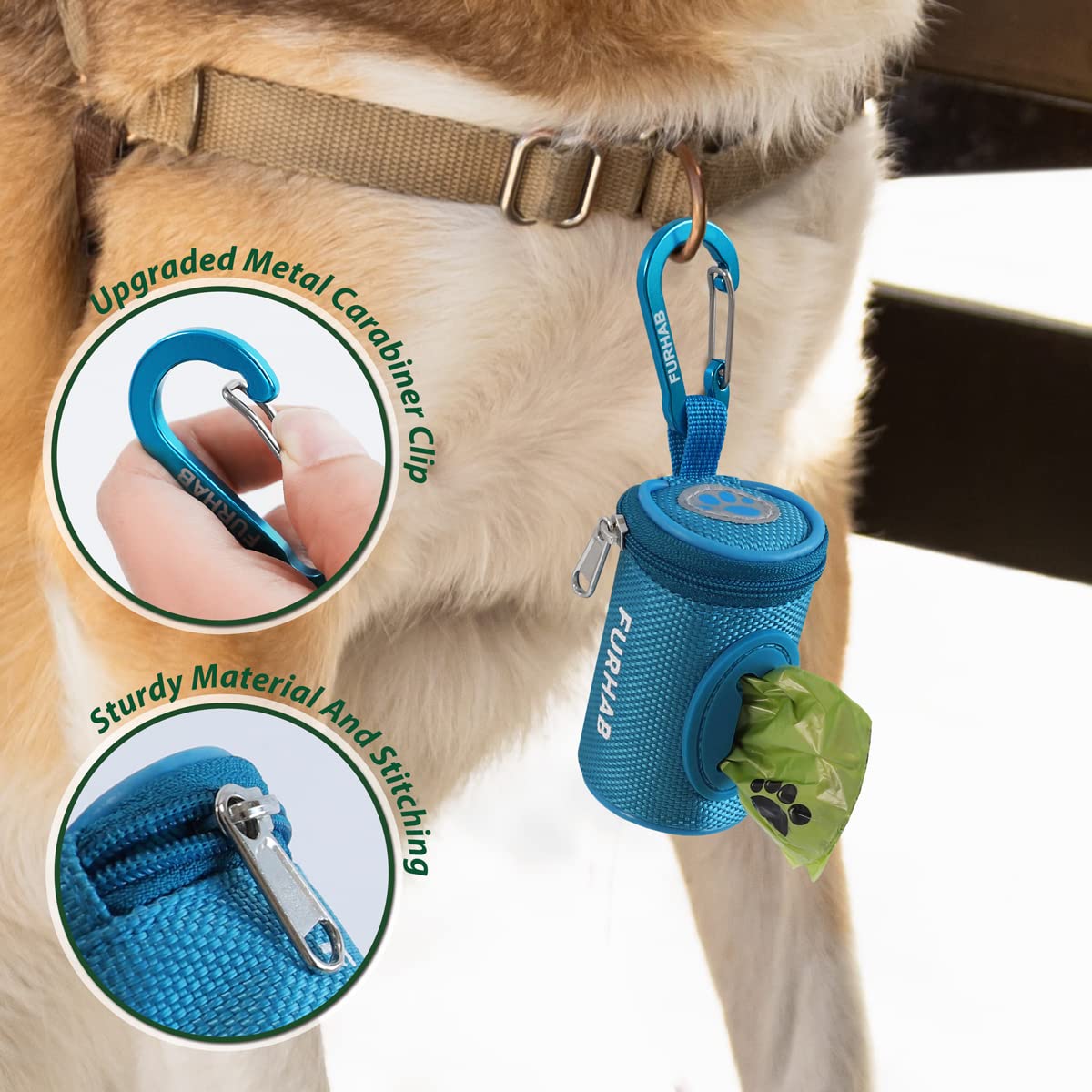 Furhab Dog Poop Bag Holder For Leash Doggie Waste Bag Dispenser Soft Fabric Puppy Potty Carrier Small Doggy Zipper Pouch With Carabiner Clip 1680D Nylon Oxford With 1 Roll Of Pet Trash Bags, Sky Blue